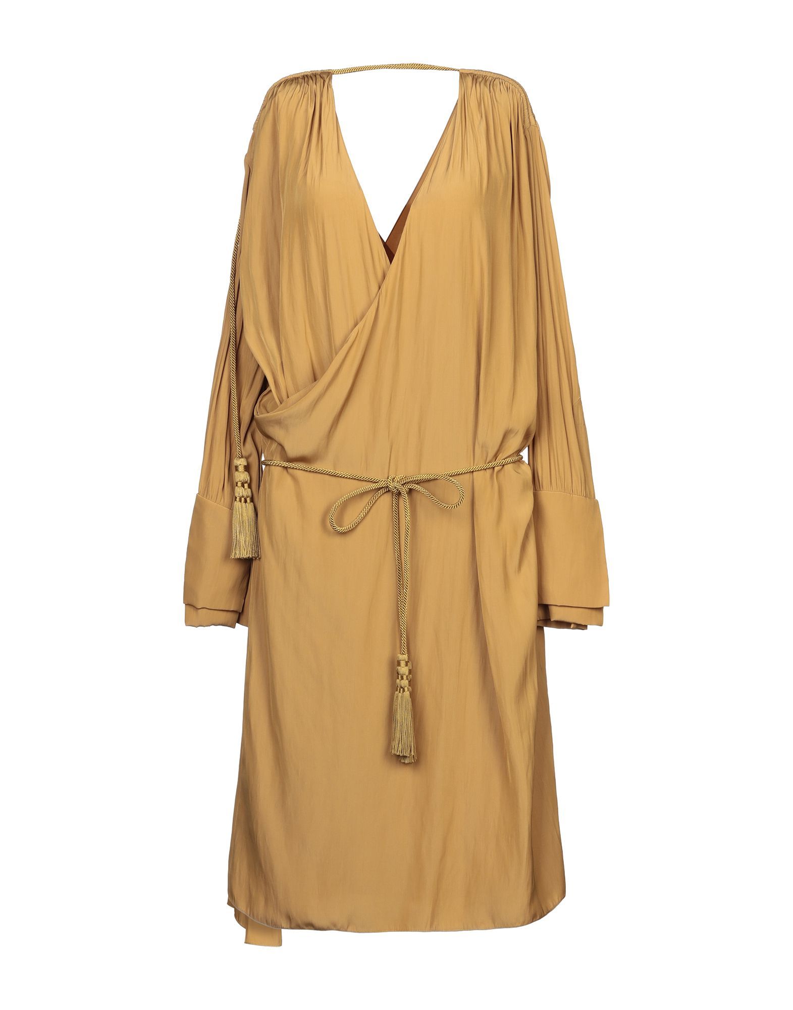 plain weave, tassels, draped detailing, basic solid colour, deep neckline, long sleeves, no pockets, side closure, self-tie wrap closure, fully lined, contains non-textile parts of animal origin