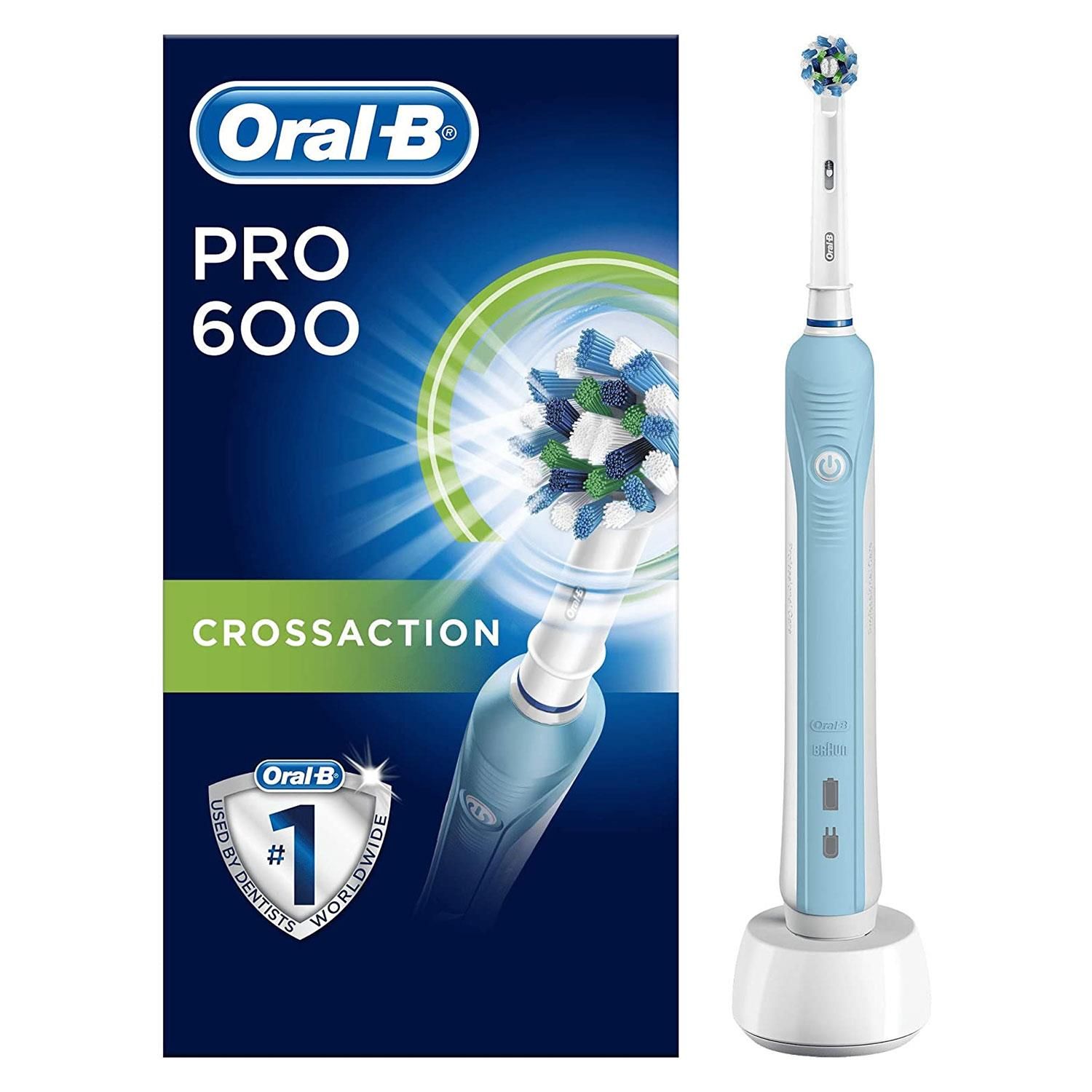 Oral-B Pro 600 Cross Action Electric Toothbrush Rechargeable.  Rechargeable brush with one mode and one brush head - 3D cleaning, ships with 2 pin plug. The Oral-B Pro 600 cross action electric rechargeable toothbrush provides a clinically proven clean versus a regular manual toothbrush. The professionally inspired design of the cross action toothbrush head surrounds each tooth with bristles angled at 16 degrees and 3D cleaning action oscillates, rotates and pulsates to break up and remove up to 100 Percent more plaque than a regular manual toothbrush. An in-handle timer helps you brush for a dentist-recommended 2 minutes. Best of all it is brought to you by Oral-B – the #1 brand used by dentists worldwide. Oral-B Pro 600 electric rechargeable toothbrush is compatible with the following replacement toothbrush heads: Cross Action, 3D White, Sensi Ultrathin, Sensitive Clean, Precision Clean, Floss Action, Tri Zone, Dual Clean, Power Tip, Ortho Care.

Features:

Up to 100% more plaque removal: Round head cleans better for healthier gums
Movement helps you achieve enhanced cleaning results
Dentist-inspired round brush head oscillates, rotates and pulsates to break up and remove plaque
One brushing mode: Daily clean
Content: One electric toothbrush handle with charger two-pin UK plug, one toothbrush head; Oral-B, the #1 brand used by dentists worldwide

The Box Contain: 1x electric toothbrush handle with charger two-pin UK plug, 1x toothbrush head