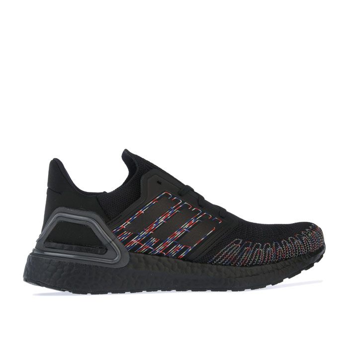 Mens adidas Ultraboost 20 Running Shoes in black.- adidas Primeknit+ textile upper.- Lace closure.- Regular fit.- Tailored Fibre Placement locked-in fit.- The black silhouette with a contrasting stitched.- Stretchweb outsole with Continental™ Rubber.- Textile upper  Textile lining  Stretchweb sole.- Ref.: EG0711