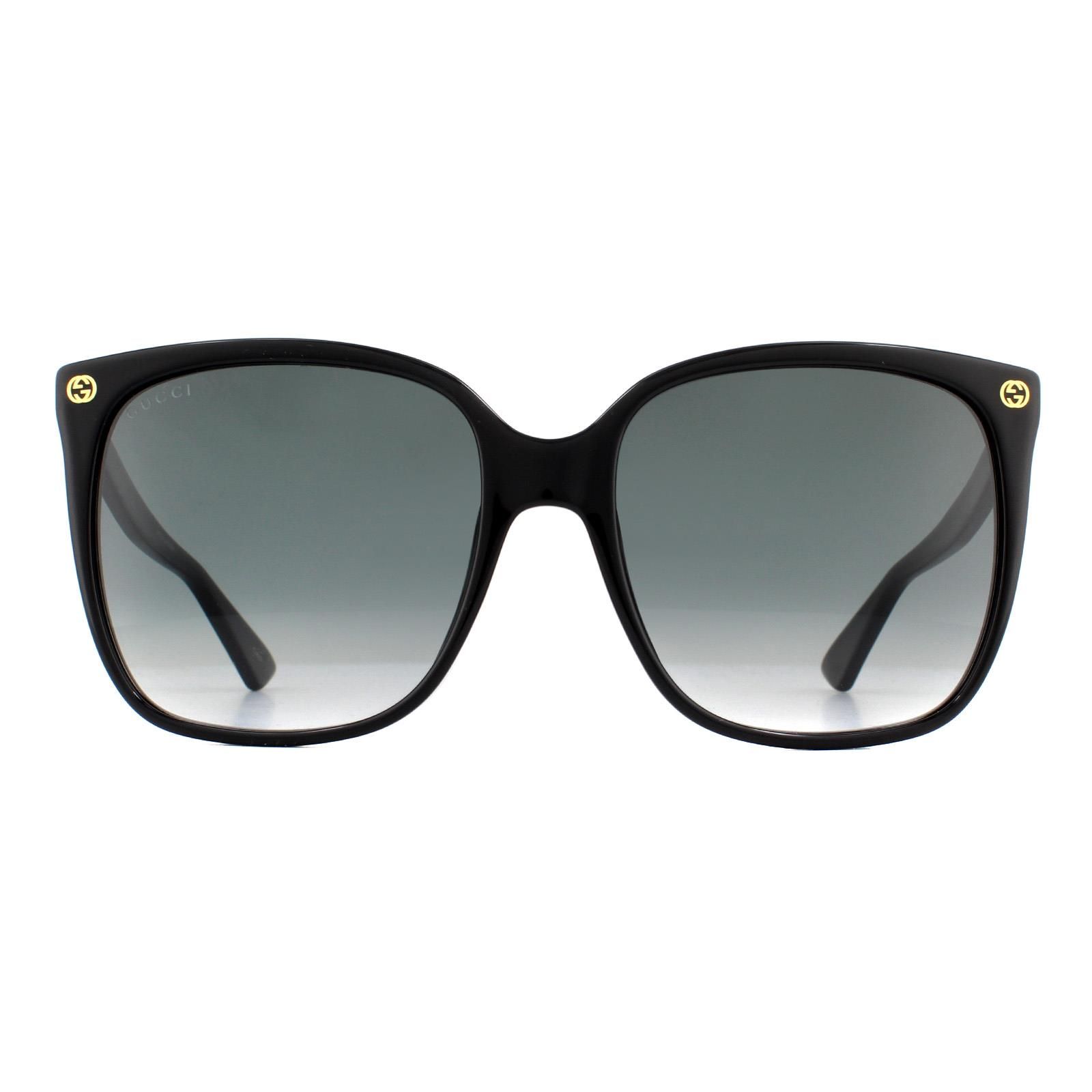 Gucci Sunglasses GG0022S 001 Black Grey Gradient have a simple squared off shape with the stylish GG logos at the front temples and a bee detail on the temple tip.