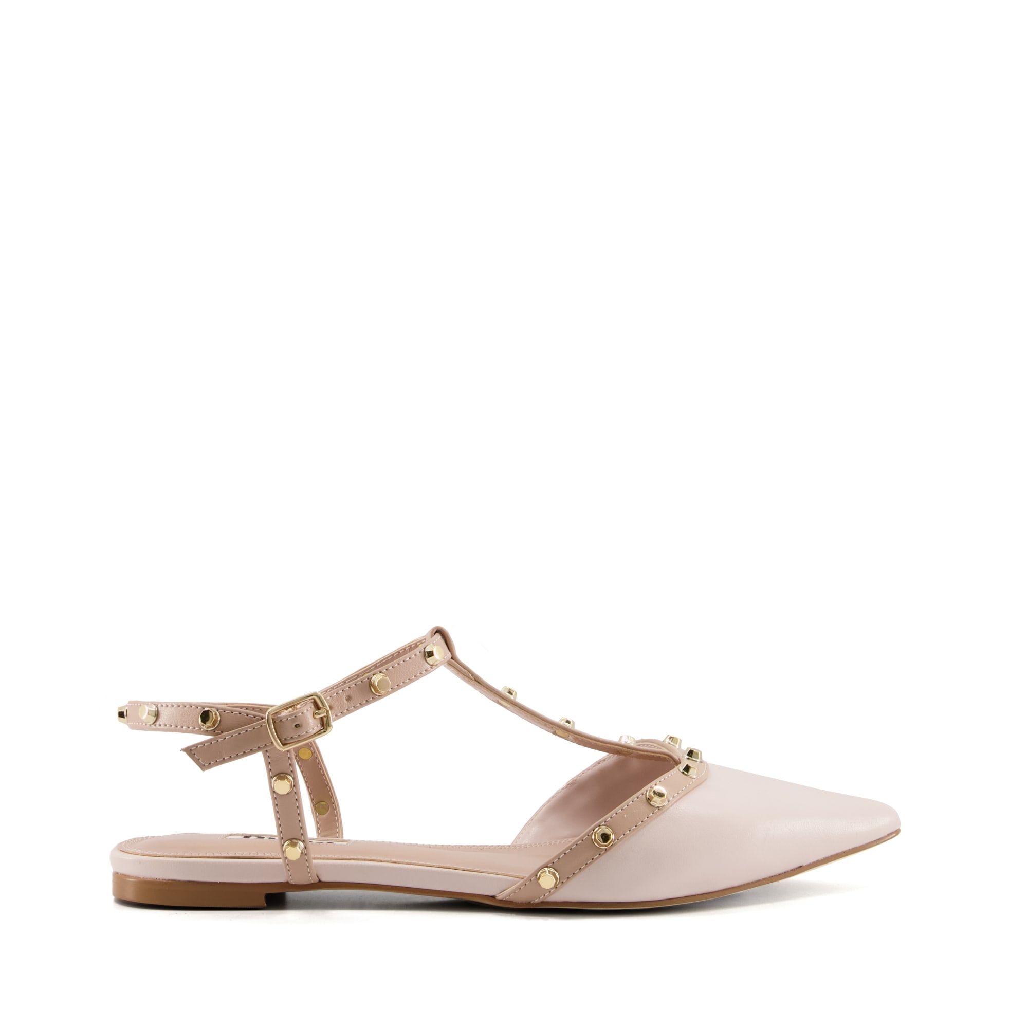 The Cayote flat shoe showcases an open back and sophisticated pointed toe. Featuring a T-bar design with studded hardware trims and stitch detail. The adjustable buckle fastening completes this feminine style.