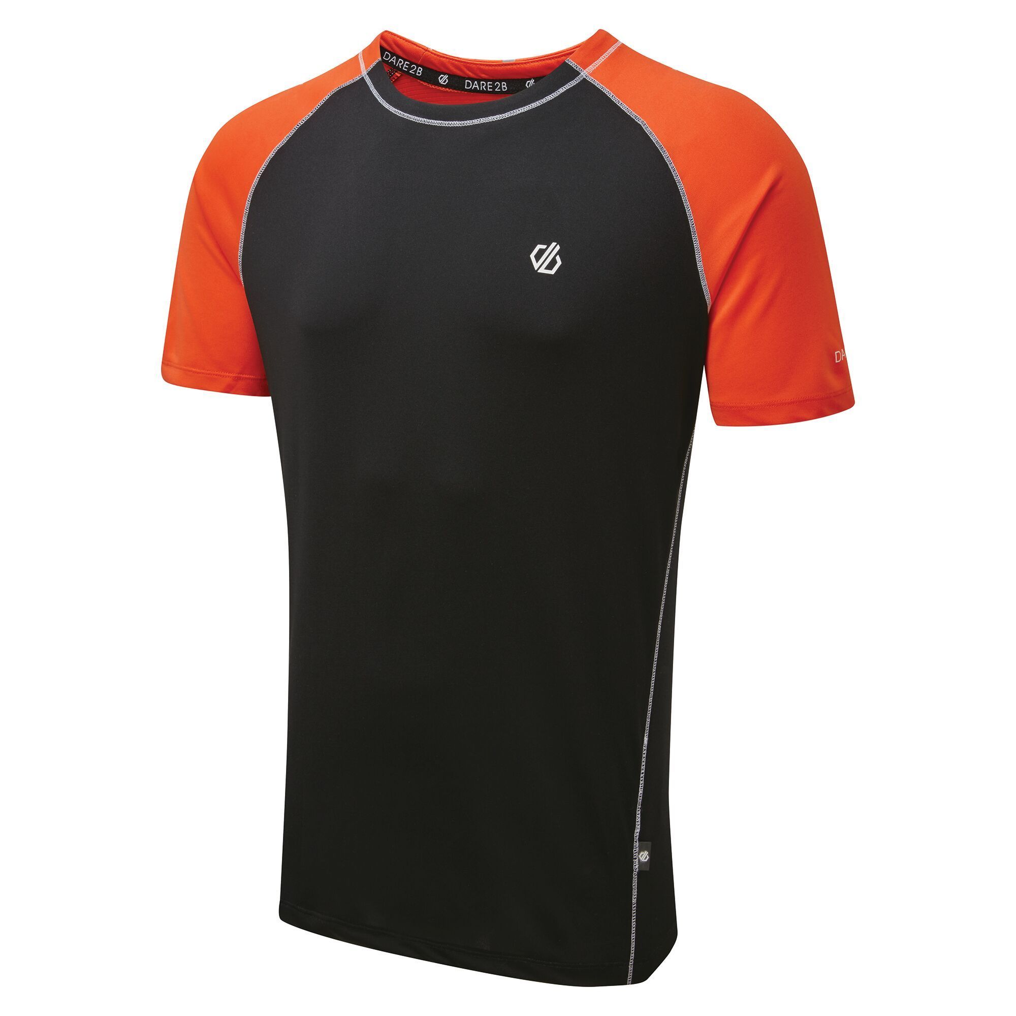 Material: 100% Polyester (Q-Wic Plus lightweight polyester fabric). Short sleeved t-shirt with breathable, airflow mesh ventilated panel back. Designed for high-intensity workouts and other activities like hiking. Anti-bacterial odour control treatment. Reflective Dare 2B logo print detail.