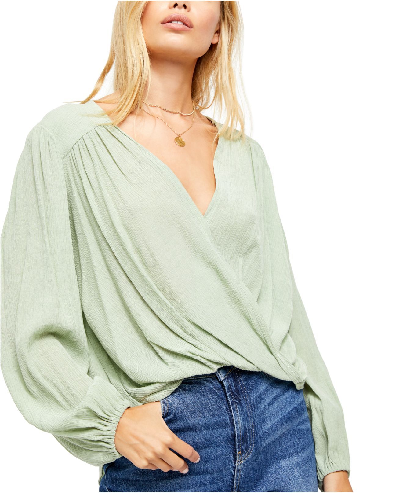Color: Greens Size Type: Regular Size (Women's): S Sleeve Length: Long Sleeve Type: Blouse Style: Wrap Neckline: V-Neck Pattern: Solid Theme: Modern Material: Rayon