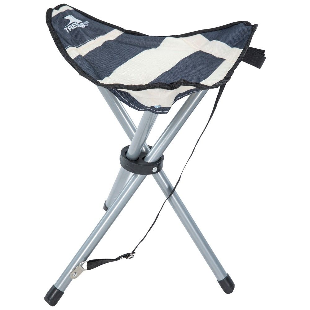 50% PVC coated polyester and 50% metal. Trespass Branded Tripod Camping Chair. 41 cm x 31 cm. 3 x 19 x 0.8 Steel Tube Legs. Lightweight Black Epoxy Coating. Packaged in a Trespass Branded Carry Bag.