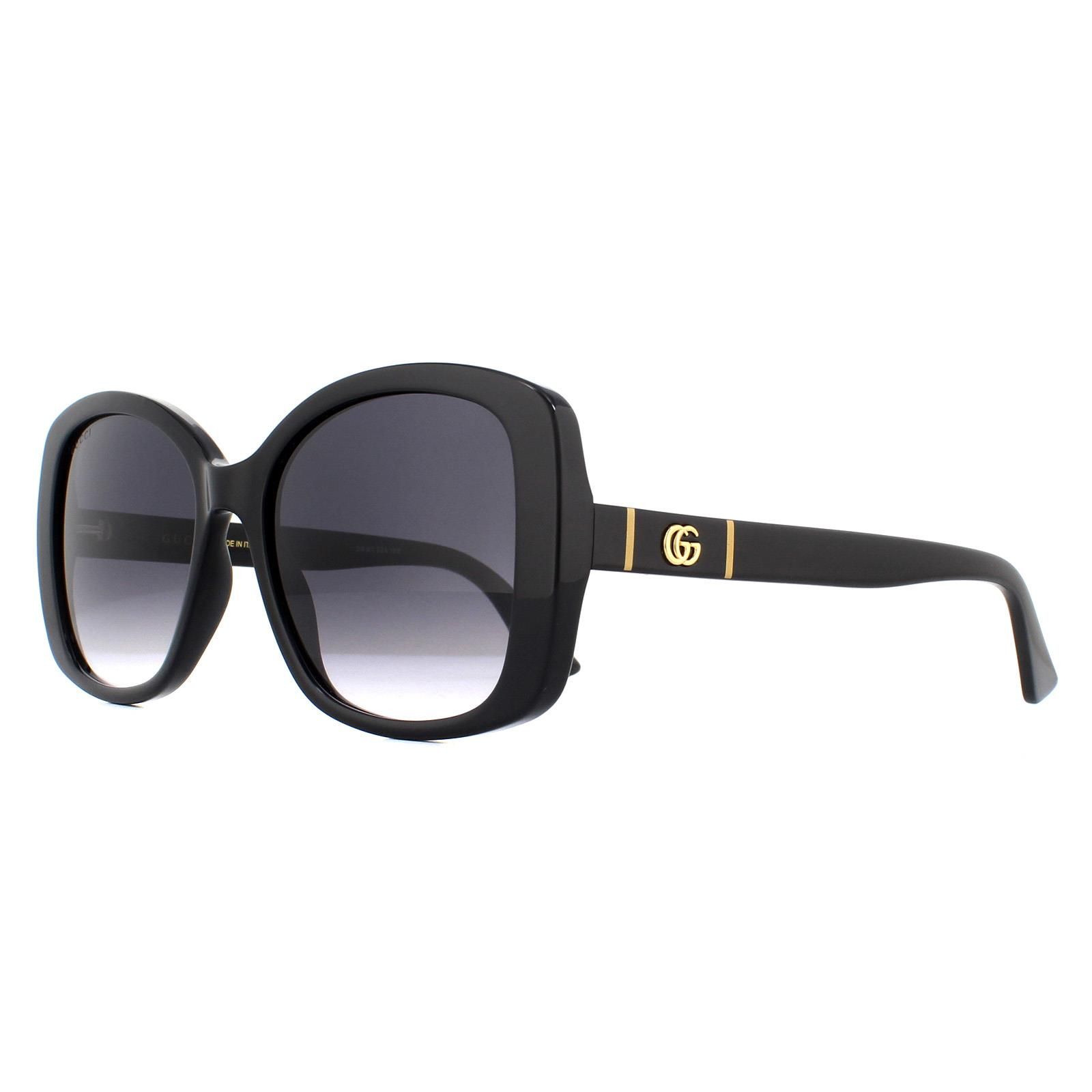 Gucci Sunglasses GG0762S 001 Black Grey Gradient are super feminine butterfly style sunglasses with a chunky acetate frame featuring the interlocking GG logo on the temples.