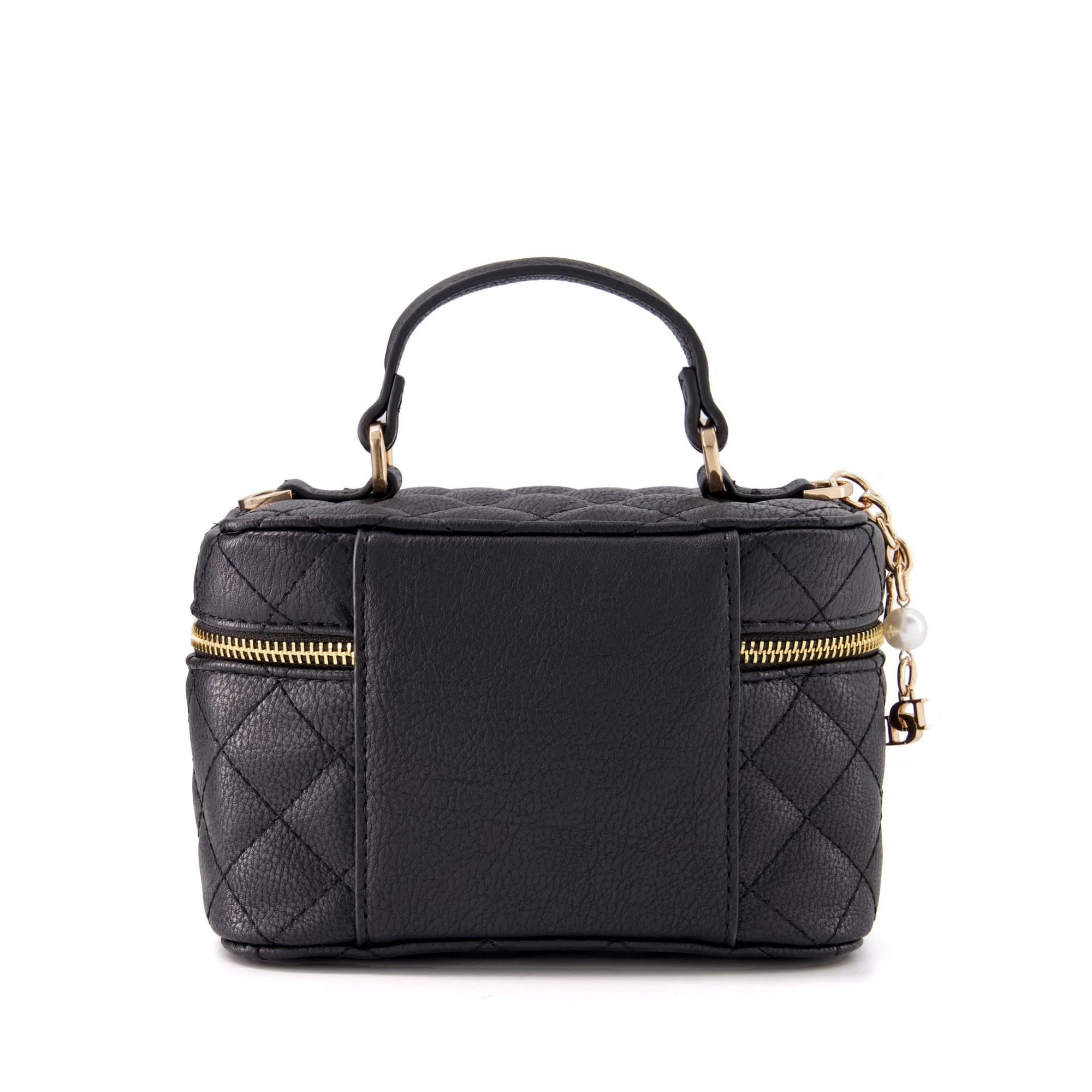 The stylish way to pack all your beauty essentials. Made from chic quilted faux-leather the gold zip opens up to reveal the central compartment and an internal mirror. The decorative gold inital logo, star and pearl charms add to the elegant look. Fe