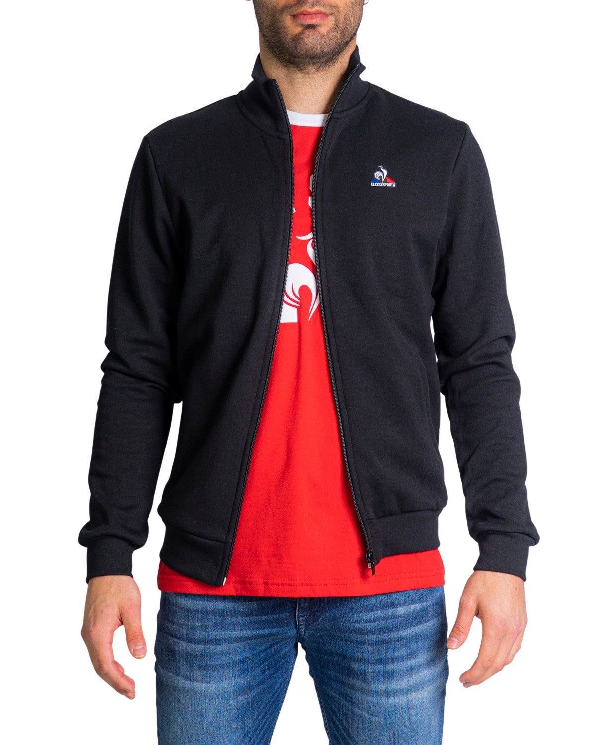 Brand: Le Coq Sportif
Gender: Men
Type: Sweatshirts
Season: Spring/Summer

PRODUCT DETAIL
• Color: black
• Fastening: with zip
• Sleeves: long
• Pockets: front pockets

COMPOSITION AND MATERIAL
• Composition: -85% cotton -15% polyester 
•  Washing: machine wash at 30°