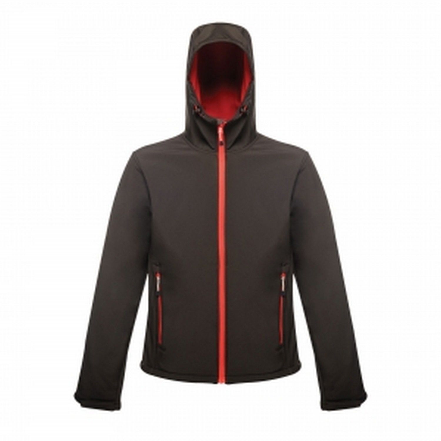 100% Polyester. Warm backed woven stretch softshell fabric. Durable wind resistant, water repellent finish. Integral hood with adjusters. 2 zipped lower pockets. Adjustable cuffs and adjustable shockcord hem.