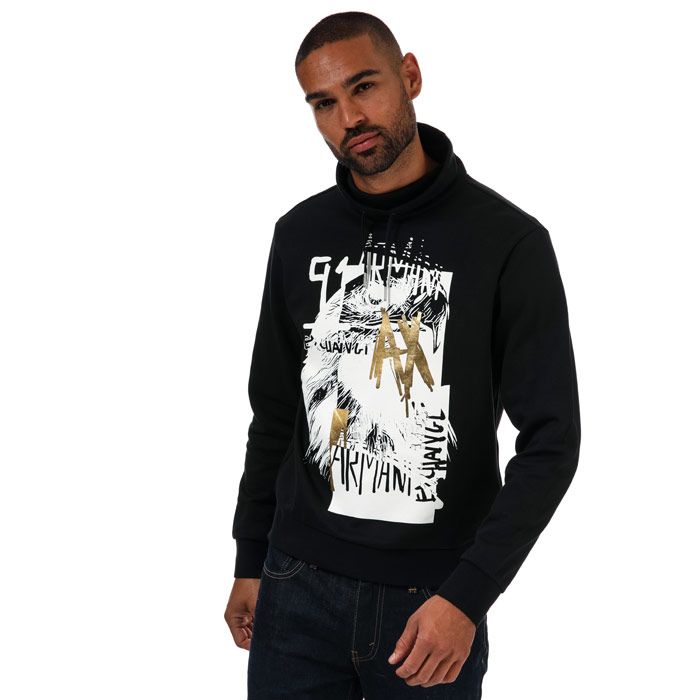Mens Armani Exchange Graphic Logo Hoody in black.-  High neckline.- Long sleeves.- Ribbed trims.- Graphic print at the chest.- 84% Cotton  16% Polyester.  Machine wash at 30 degrees.- Ref: 3ZZMALJH7Z1200