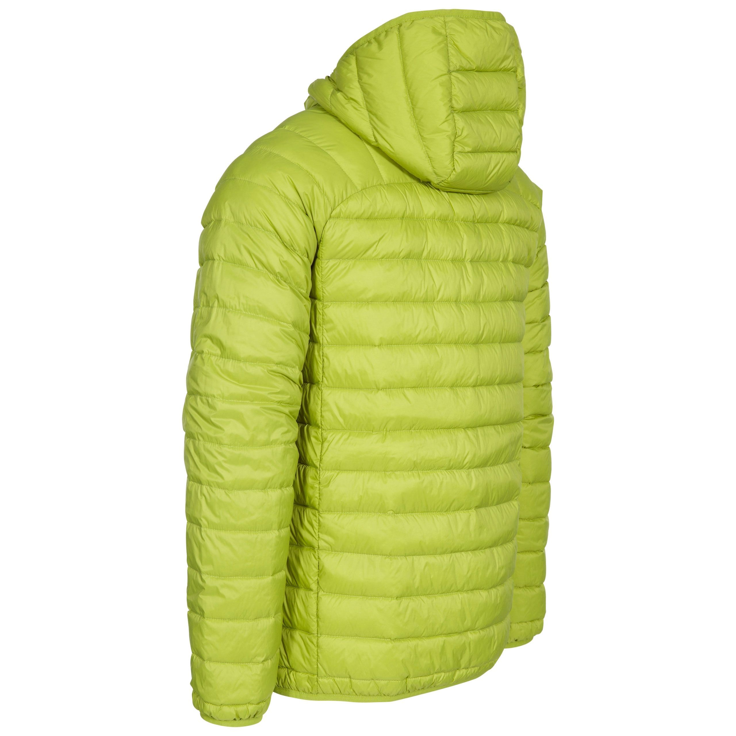 Padded down jacket with ultra-lightweight design and grown-on hood. Low profile front zip. Stuff sack in pocket. Stuffing: 90% down, 10% feathers. Trespass Mens Chest Sizing (approx): S - 35-37in/89-94cm, M - 38-40in/96.5-101.5cm, L - 41-43in/104-109cm, XL - 44-46in/111.5-117cm, XXL - 46-48in/117-122cm, 3XL - 48-50in/122-127cm.