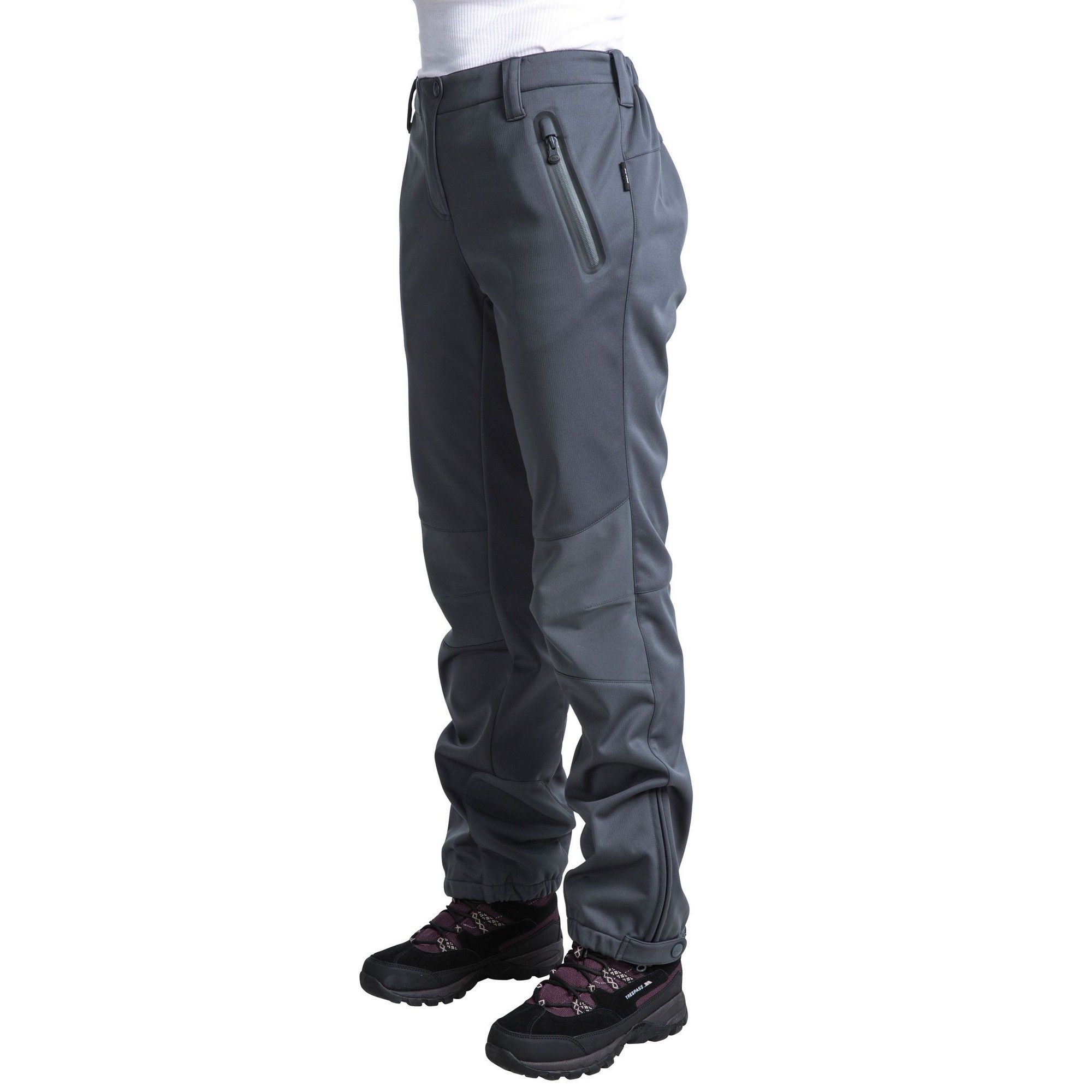 Flat waisted outdoor trousers with elastication at back. Front fly opening. 3 welded waterproof zip pockets. Articulated knee darts. Reinforced ankle patches. Elasticated ankles with zipped side vent. Waterproof 10000mm, breathable 5000mvp, windproof. 100% polyester TPU membrane. Trespass Womens Waist Sizing (approx): XS/8 - 25in/66cm, S/10 - 28in/71cm, M/12 - 30in/76cm, L/14 - 32in/81cm, XL/16 - 34in/86cm, XXL/18 - 36in/91.5cm.