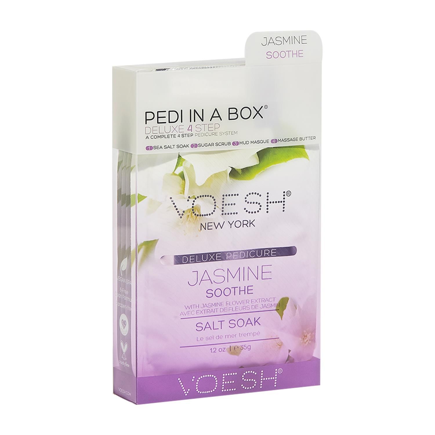 Voesh Jasmine Soothe Deluxe 4Step Pedicure In A Box with Jasmine Petal Extract.  The Cleanest And Most Hygienic Spa Pedicure Solution. Enriched With Key Ingredients To Give Your Feet The Nutrition It Needs. Each Product Is Individually Packed With The Right Amount For A Single Pedicure.

The Perfect Pedi For:
DIY At-Home Pedicure
Date Night
Bachelorette Parties
Girls’ Night In

The kit contains:
Sea Salt Soak: This soak helps relieve tension, stiffness, minor aches and discomfort in your feet. It helps detox and deodorize the feet.
Sugar Scrub: The scrub gently exfoliates dead skin cells and helps soften your feet. Perfect for use on the soles on your feet.
Mud Masque: The masque removes deep-seated impurities in your skin leaving your feet feeling clean and revived.
Massage Cream: The massage cream hydrates and soothes skin. It softens the soles of your feet and helps prevent dryness and roughness.

4 Step Includes
Sea Salt Soak 35g: to detox & deodorize the feet.
Sugar Scrub 35g: to gently exfoliate dead skin.
Mud Masque 35g: to deep cleanse impurities.
Massage Butter 35g: to hydrate and soothe skin.