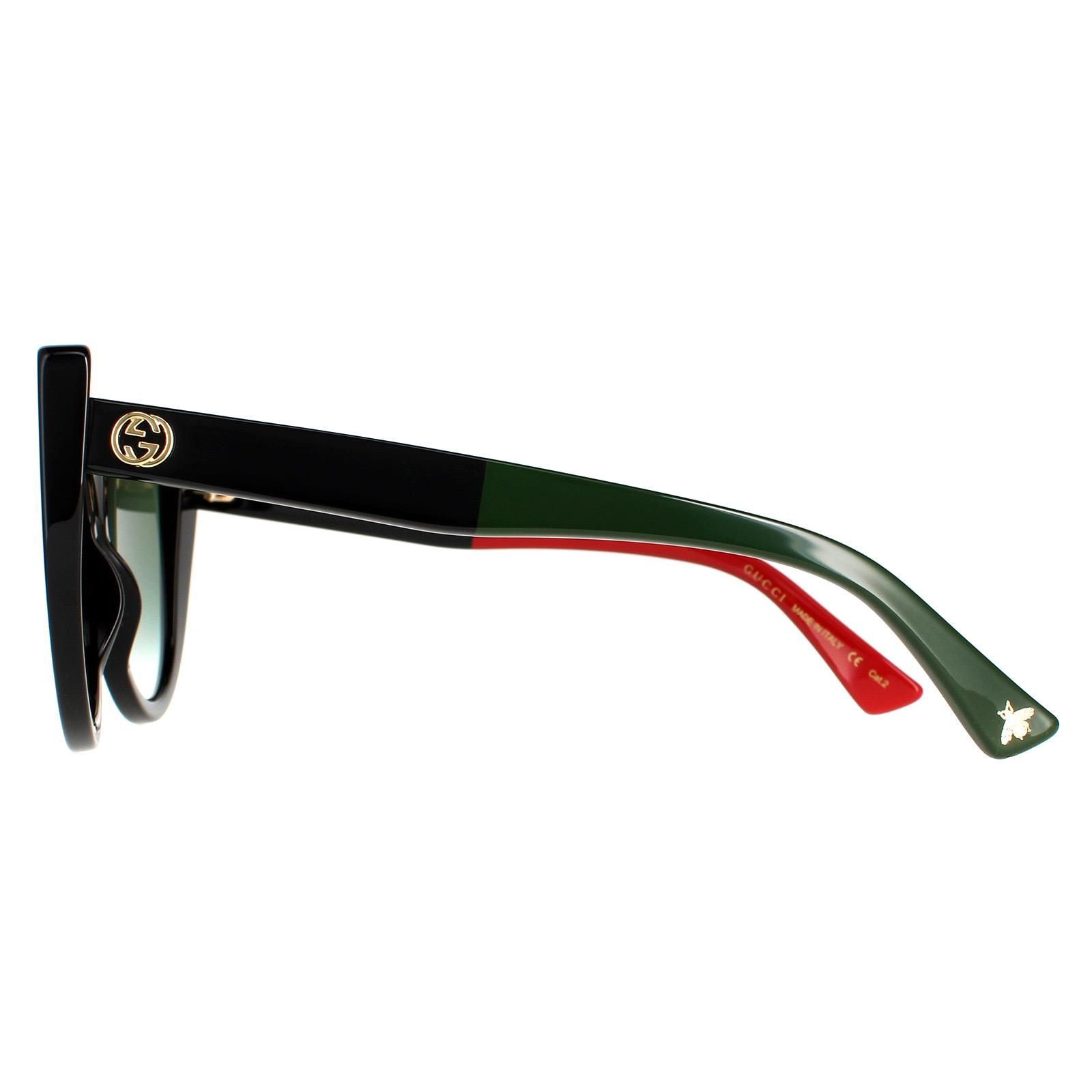 Gucci Cat Eye Womens Black with Red and Green Green Gradient GG0164SN Sunglasses are a gorgeous cat eye style crafted from chunky acetate embellished with a metal interlocking GG logo next to the hinges and bumblebee at the tip.