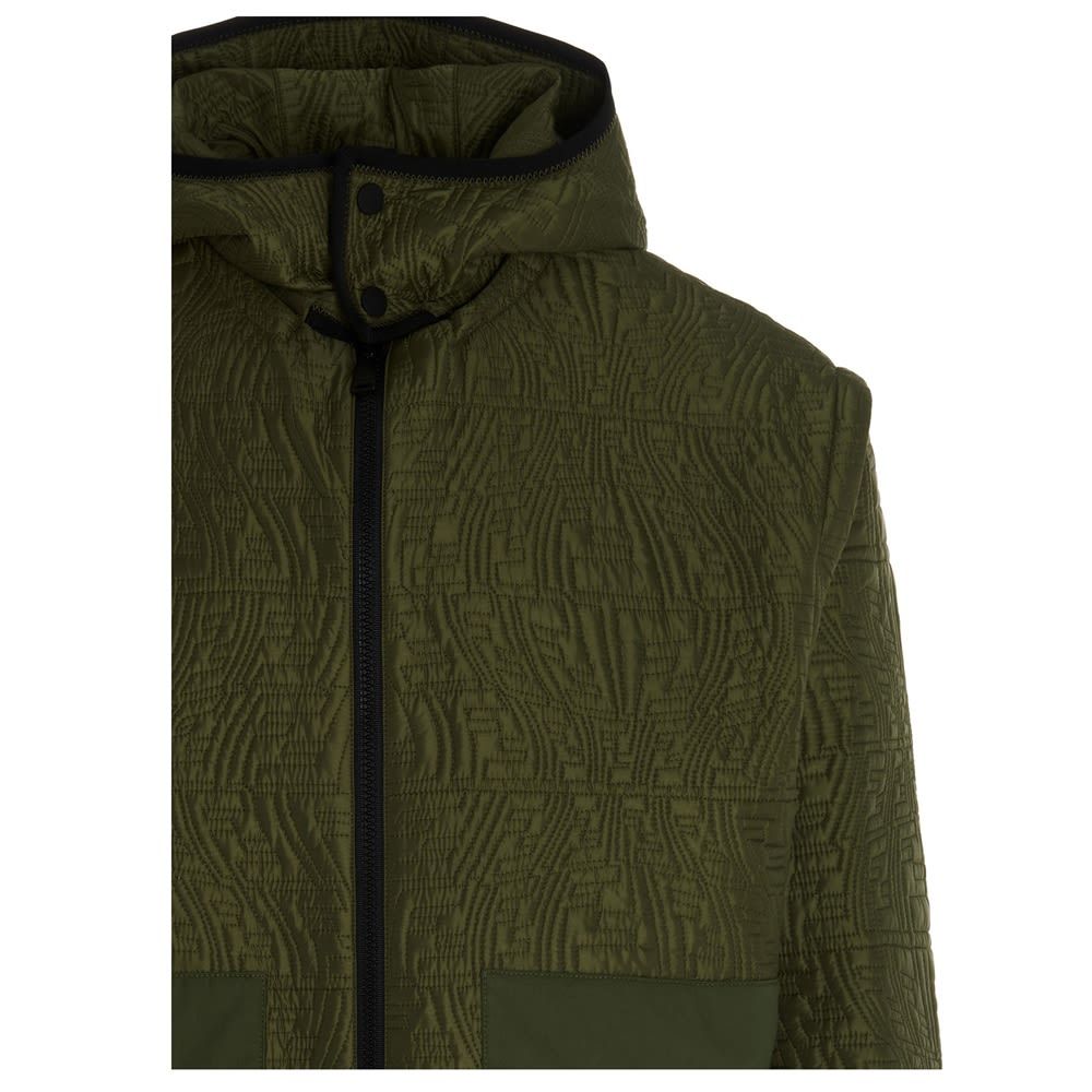'FF VErtigo' reversible jacket with quilted exterior, inner logo print, zip closure, contrast pockets and removable hood.