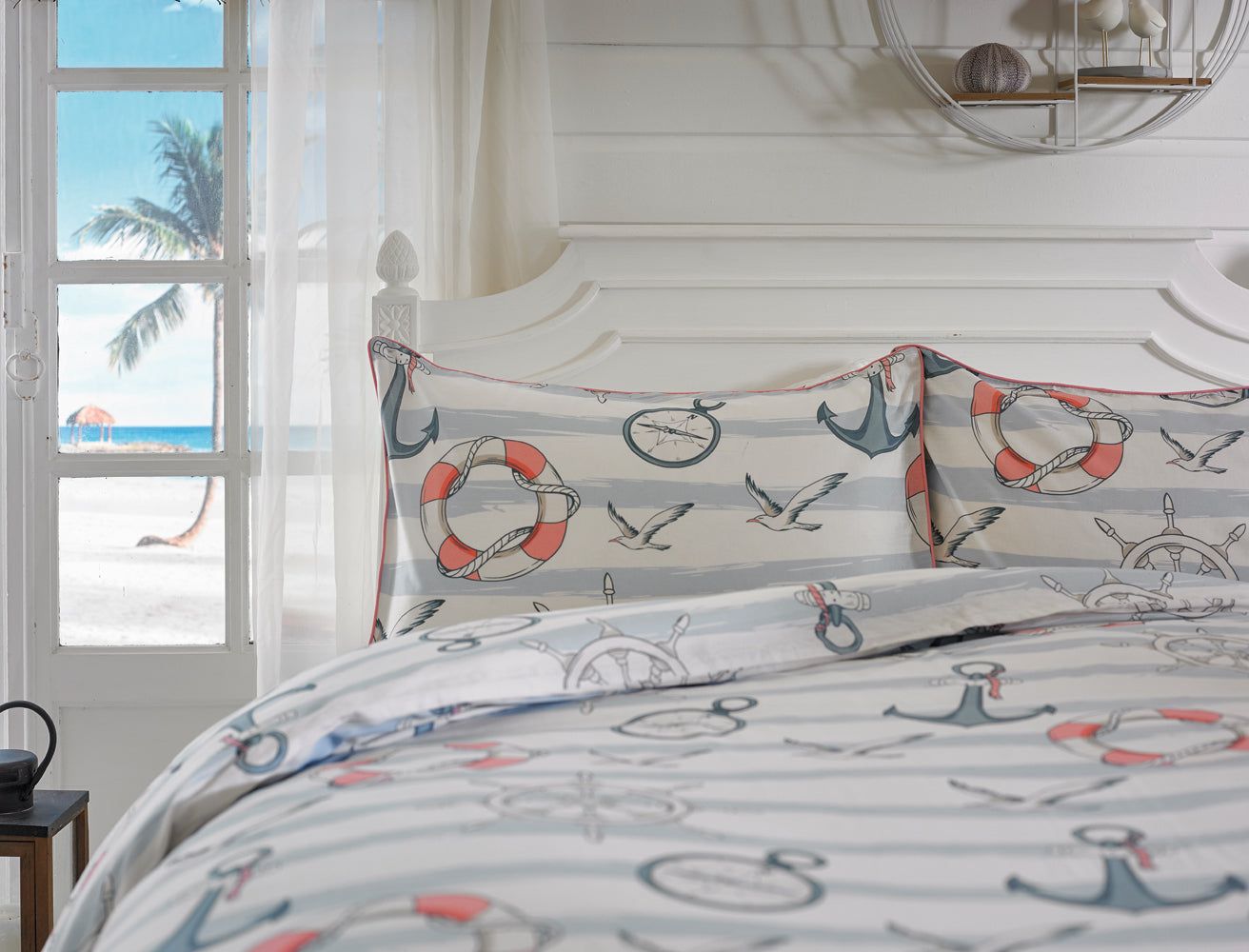 Lobster Creek LC 2022 Anchors Duvet Set Single Size White Blue and Red  - 135x200cm - 100% Cotton