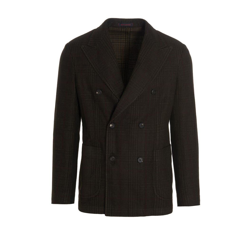 'Pier T2' virgin wool and cotton blend Prince of Wales blazer, double-breasted with peak lapels, patch pockets and button closure.