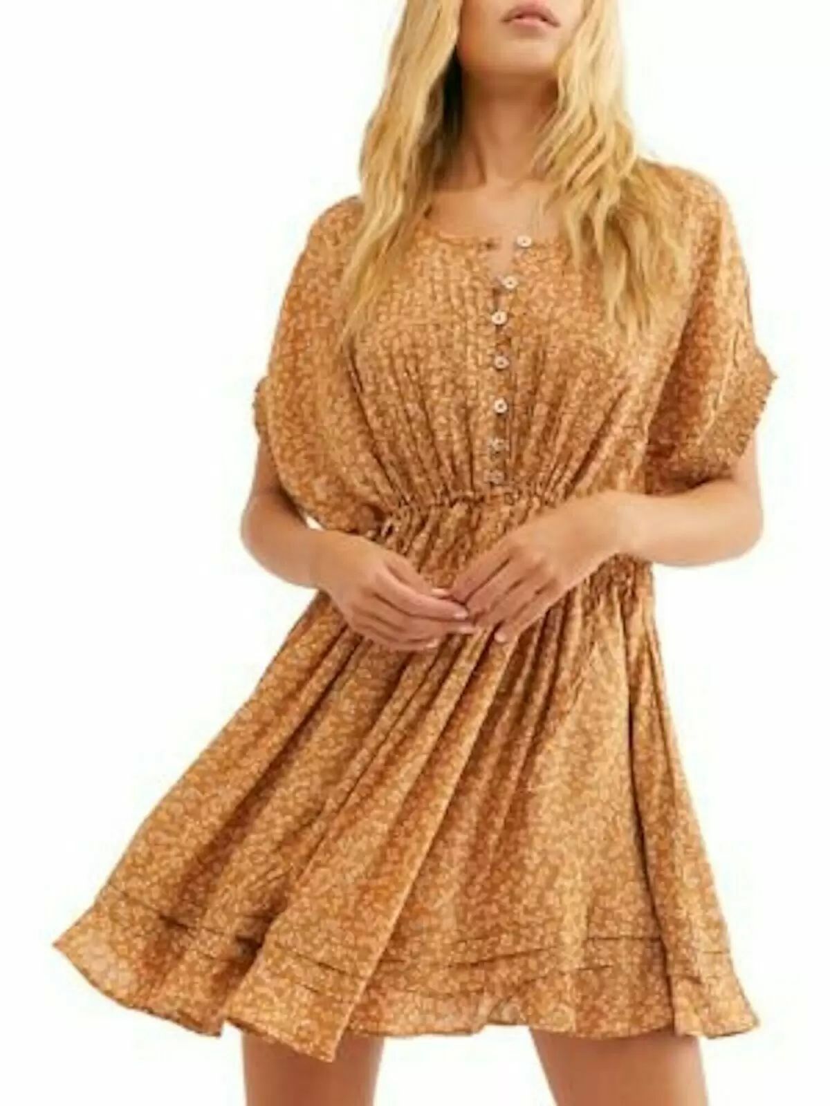 Color: Browns Size Type: Regular Size (Women's): M Neckline: Round Neck Pattern: Floral Sleeve Length: Short Sleeve Style: Shift Dress Occasion: Casual Dress Length: Short Material: Rayon Zipper: None