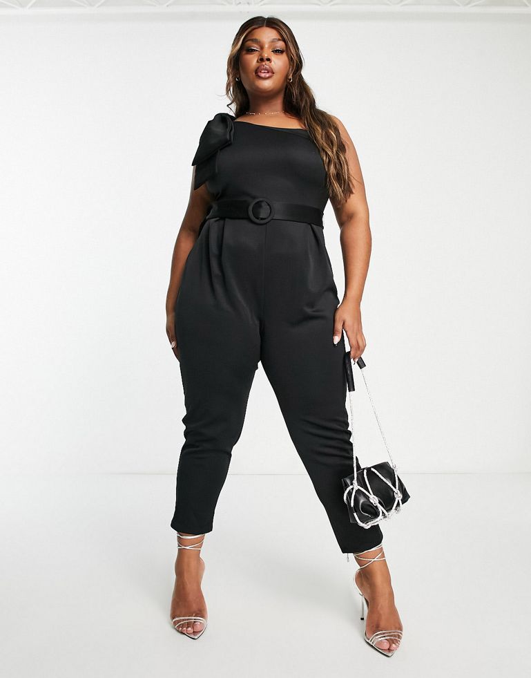 Asos Design Curve Scuba Bow One Shoulder Belted Jumpsuit In Black