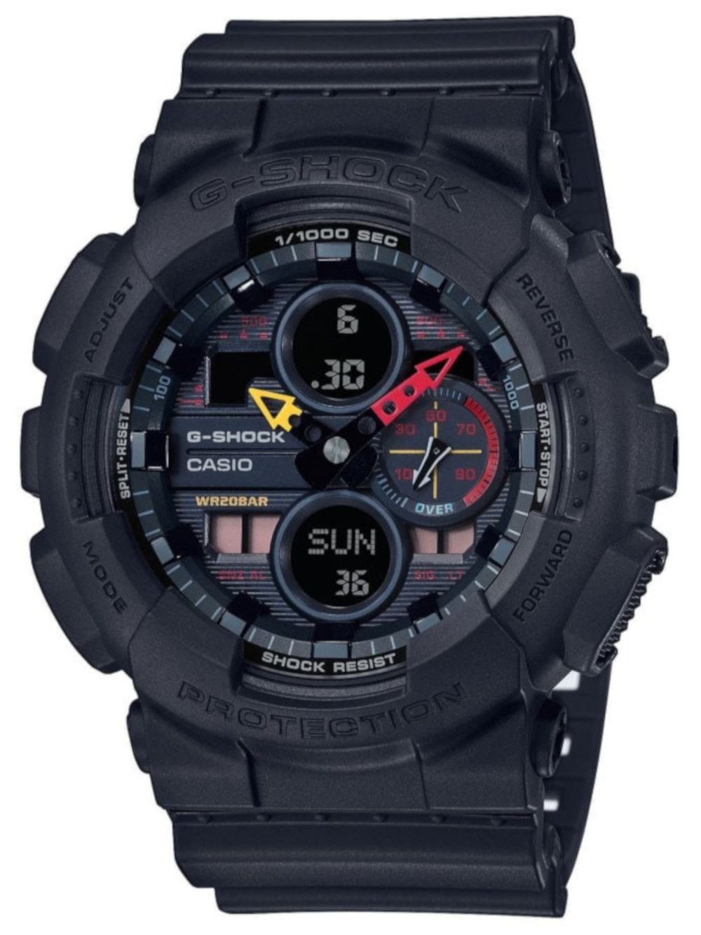 This Casio G-shock Analogue-Digital Watch for Men is the perfect timepiece to wear or to gift. It's Black 51 mm Round case combined with the comfortable Black Plastic will ensure you enjoy this stunning timepiece without any compromise. Operated by a high quality Quartz movement and water resistant to 20 bars, your watch will keep ticking. Stylish- Sporty and a modern design, very suitable for Men -The watch has a calendar function: Day-Date, Worldtime, Stop Watch, Timer, Alarm, Light High quality 21 cm length, 28 mm wide, Black Plastic strap with a Buckle Case diameter: 51 mm, Case height: 14 mm and Case color: Black Dial color: Black