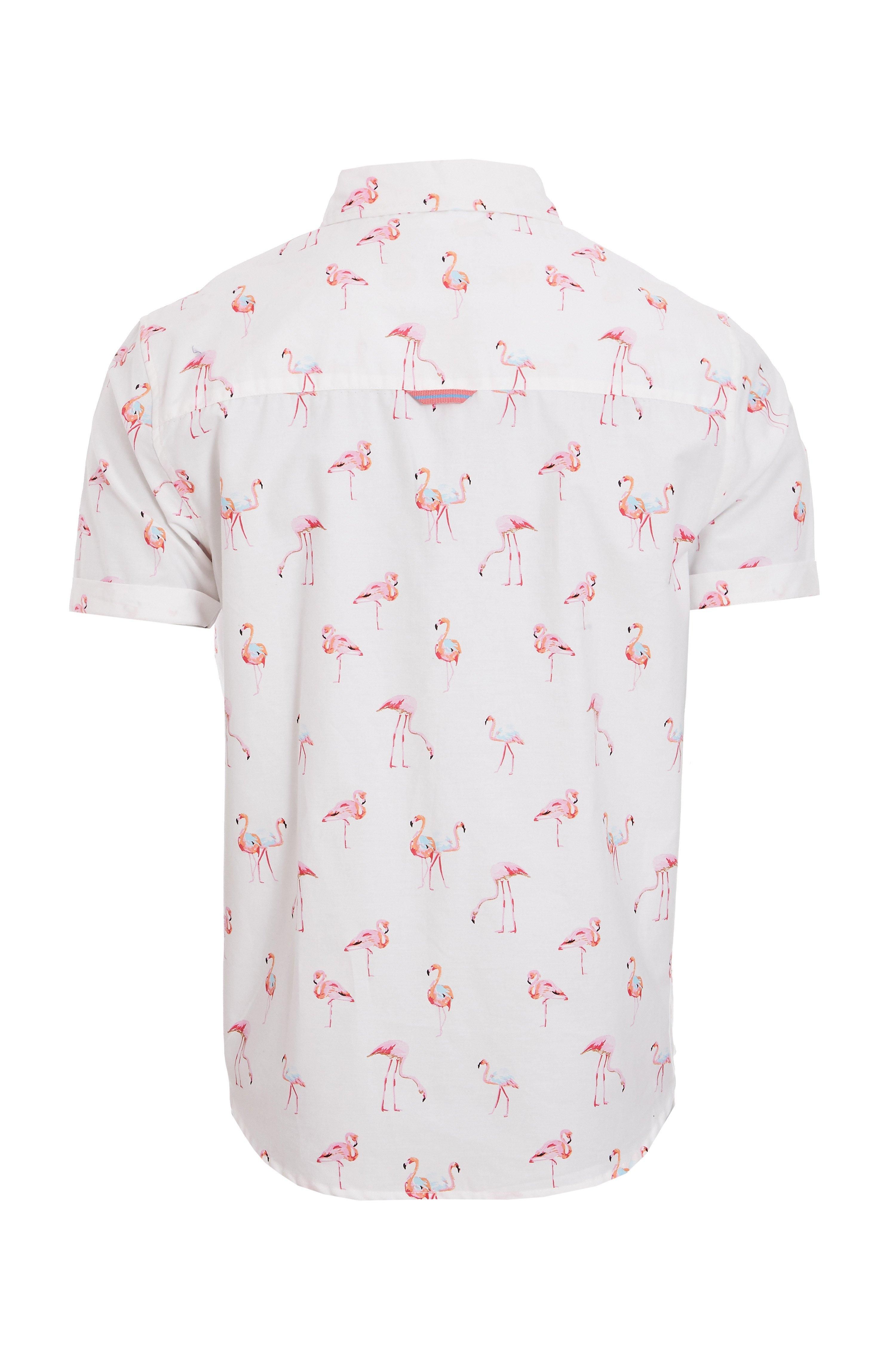 Slim Fit  	Classic Collar with Buttons  	Pink Flamingo Printed Design  	Short Sleeves  	White Buttob hrough Fastening  	Length 72cm