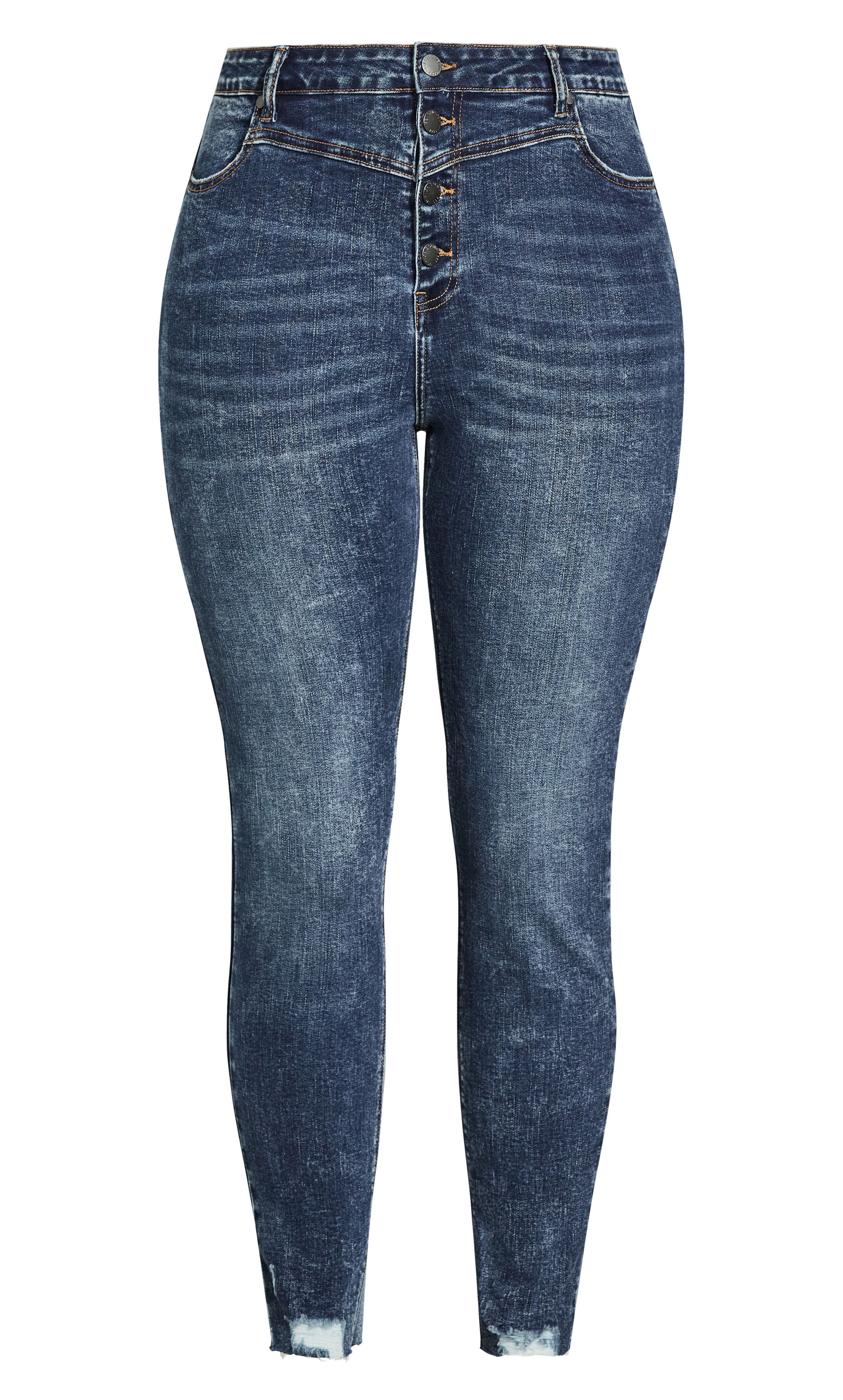 Upstyle your denim collection with the Exposed Button Jean, flaunting a svelte skinny leg and mid rise fit. Elevated by corset detailing to the waist, this stretch fit pair are bound to get some major airtime in your wardrobe! Key Features Include: - Skinny cut leg - 360 Technology stretch washed denim - High denim fibre retention to maintain shape - Signature Chic Denim hardware throughout zips, buttons and rivets - Mid rise - Wide belt looped waistband - Button fastening - Functional front and back pocket denim styling - Frayed hem - Ankle grazer Level up your party look with strappy heels and streamlined bodysuit.
