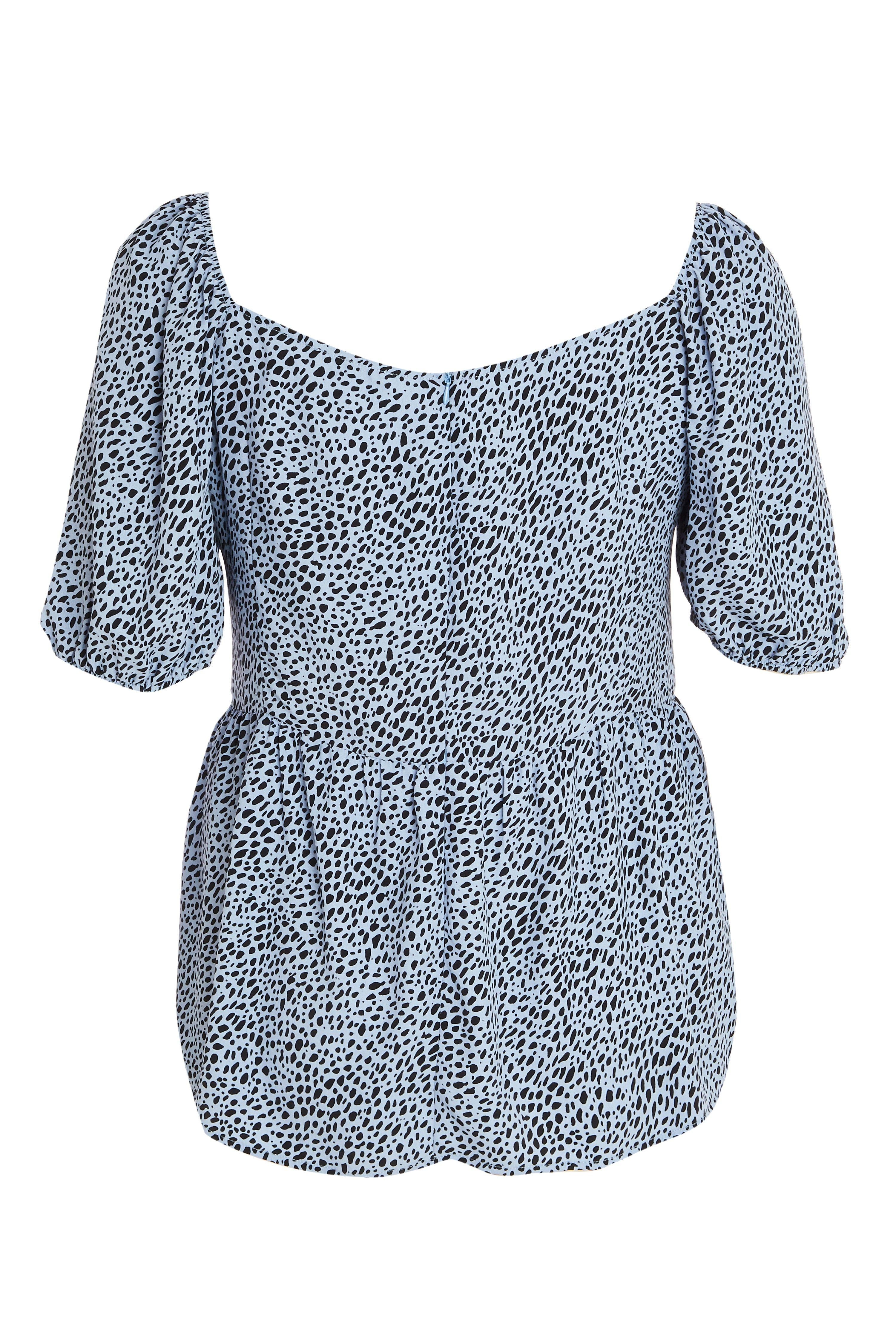 - Curve collection  - Dalmatian print   - Button front   - Square neckline   - Puff sleeve  - Length: 60cm approx  - Model height: 5' 9