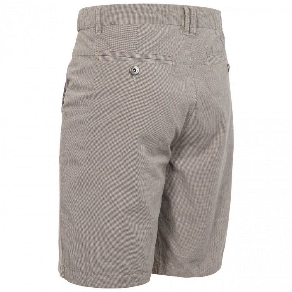 These shorts are comfortable, durable, lightweight and breathable. Featuring a longer length, flat waist with inner waist adjustment. Side entry pockets. Small money pocket  and rear jetted pockets secured by buttons. Woven check design. 100% Cotton.