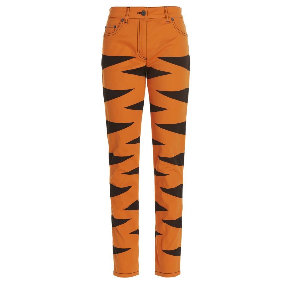 'Year of the Tiger' denim jeans featuring an all over print, a 5-pocket style on a straight leg with a zip and button closure.