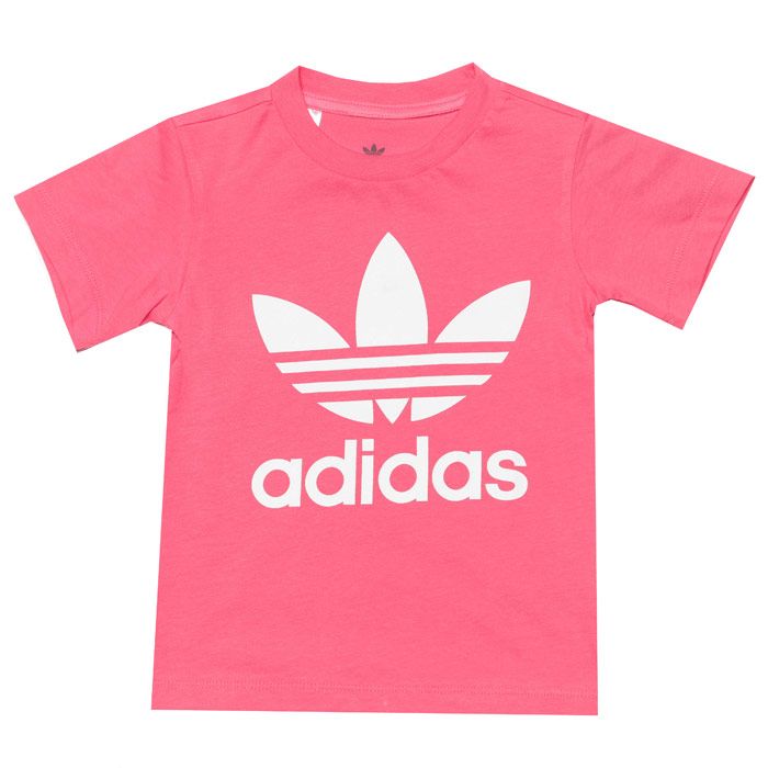 Infant Girls adidas Originals Trefoil T-Shirt in real pink - white.<BR><BR>- Ribbed crew neck.<BR>- Short sleeves.<BR>- Oversize Trefoil logo printed to chest.<BR>- Tonal back neck tape.<BR>- Regular fit.<BR>- Main material: 100% Cotton.  Machine washable.<BR>- Ref: ED7682
