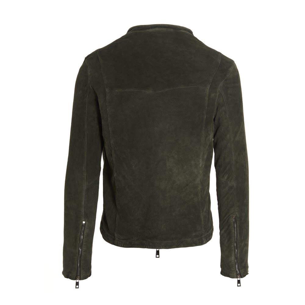 Leather biker jacket featuring a zip closure and lapels.