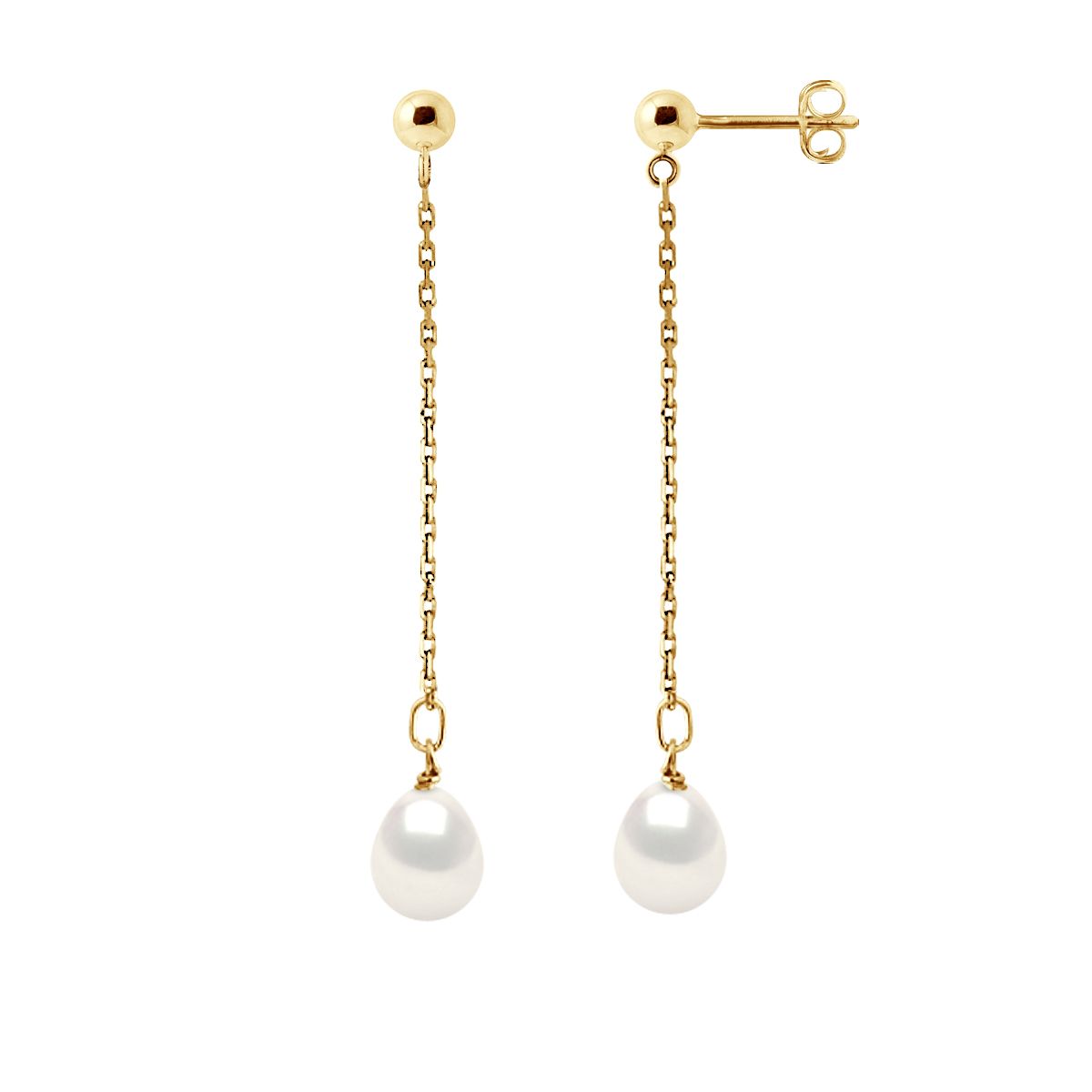 Earrings of true Cultured Freshwater Pearls Pear Shape 7-8 mm - 0,31 in - Natural White Color Push System and chain Gold - Our jewellery is made in France and will be delivered in a gift box accompanied by a Certificate of Authenticity and International Warranty