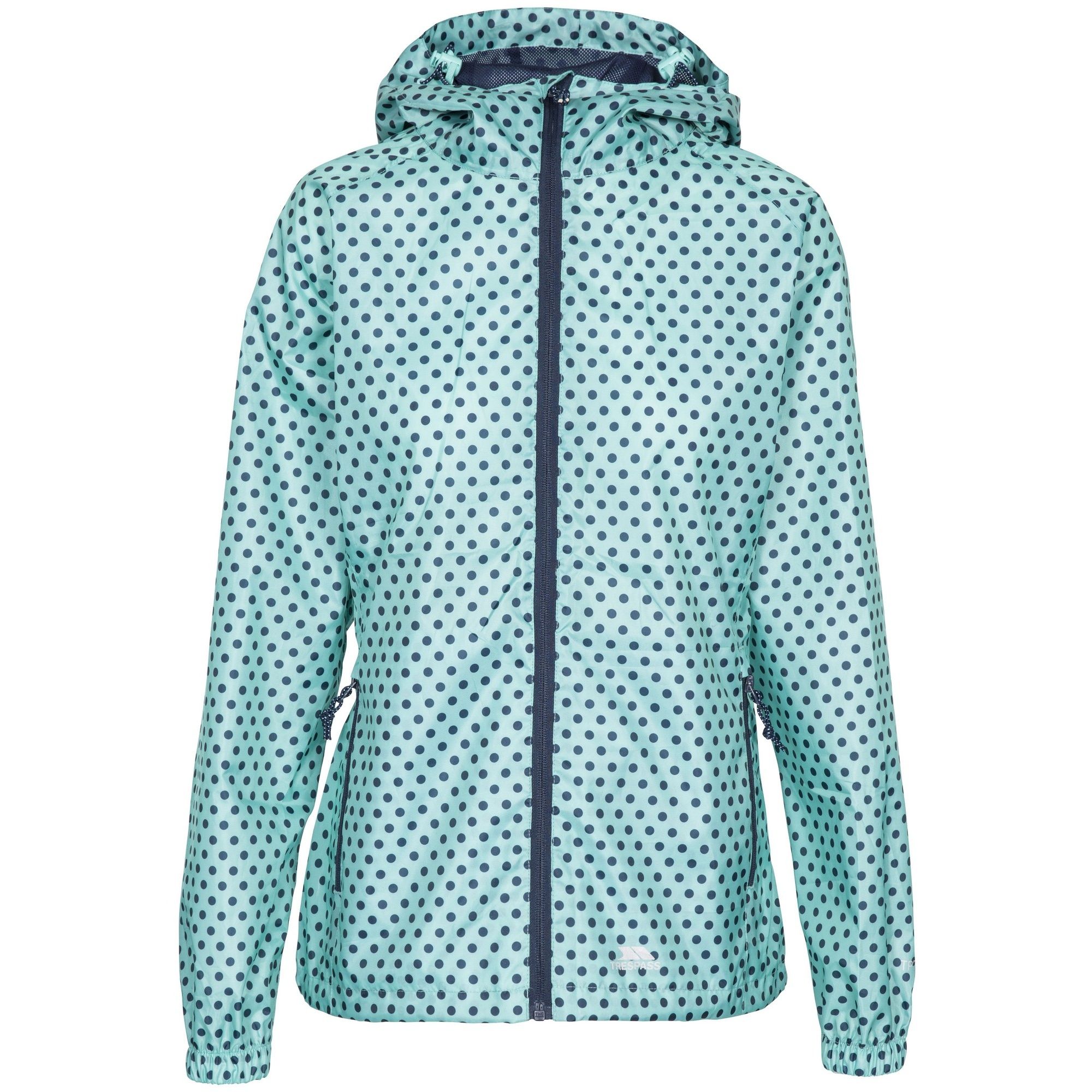 Printed shell. Contrast mesh lining. Adjustable grown on hood. 2 zip pockets. Full elasticated cuff. Contrast zips. Inner storm flap. Adjustable hem drawcord. Ventilated back yoke. Jacket packs away into pouch. Waterproof 5000mm, breathable 5000mvp, windproof, taped seams. Shell: 100% Polyester, PU coating, Lining: 100% Polyester. Trespass Womens Chest Sizing (approx): XS/8 - 32in/81cm, S/10 - 34in/86cm, M/12 - 36in/91.4cm, L/14 - 38in/96.5cm, XL/16 - 40in/101.5cm, XXL/18 - 42in/106.5cm.
