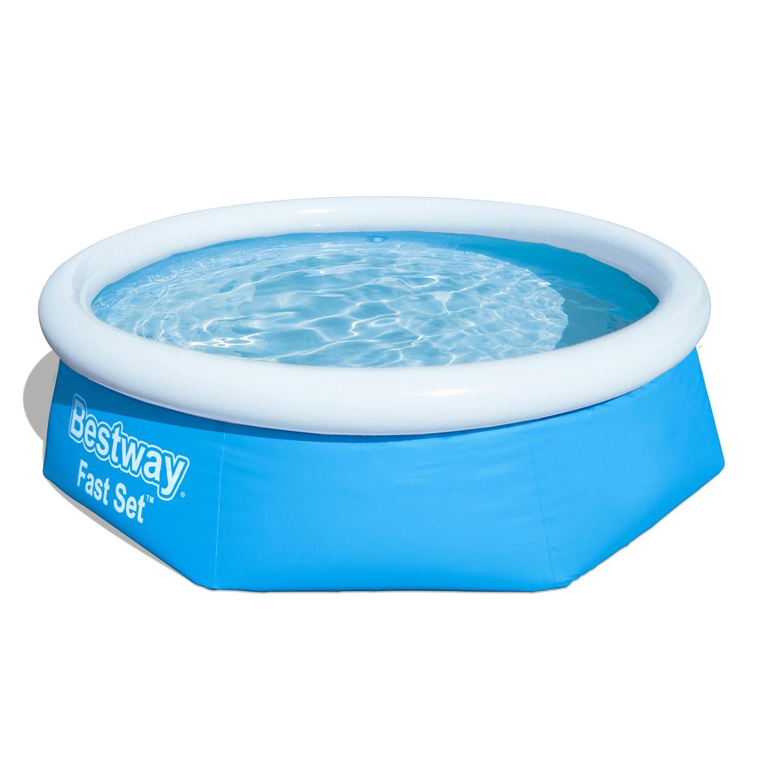 Bestway Fast Set Swimming Pool Above Ground Blue Inflatable 8ft x 26'', 2100L.  The 8' x 26'' / 2.44m x 66cm Fast Set Pool by Bestway is a great family swimming pool. It sets up in only a matter of minutes on a flat surface as only the top ring needs inflated; the body of the pool has a liner that lifts when you fill the pool with water. It also comes with a flow control drain valve, allowing it to be drained quickly at the end of the season. The Fast Set Pool is constructed of tough Tritech material, making it extremely durable and guarantees to keep the family swimming for years to come!

Features :
Water capacity (80%): 2,100 L (555 gal.)
Easy set up
Heavy-duty PVC and polyester 3-ply side walls
Liner is supported by an inflatable top ring
Select a level surface, inflate top ring and the pool will rise as it’s filled with water
Built-in flow control drain valve makes it easy to drain by attaching the valve to a garden hose (with included adapter) to drain away water
Easy to take down for off-season storage
Pool is equipped with fittings for compatibility with Flowclear filter pumps
Underwater adhesive repair patch
The extra strong side walls of this pool are constructed with Tritech, a 3 layer reinforced material with a polyester mesh core encased between two layers of high gauge PVC material. This creates a total thickness of 0.40-0.80mm (16-32 gauge) depending on the size of the pool, offering superior strength and durability

Box Contains :
1 x Fast Set 8' x 26