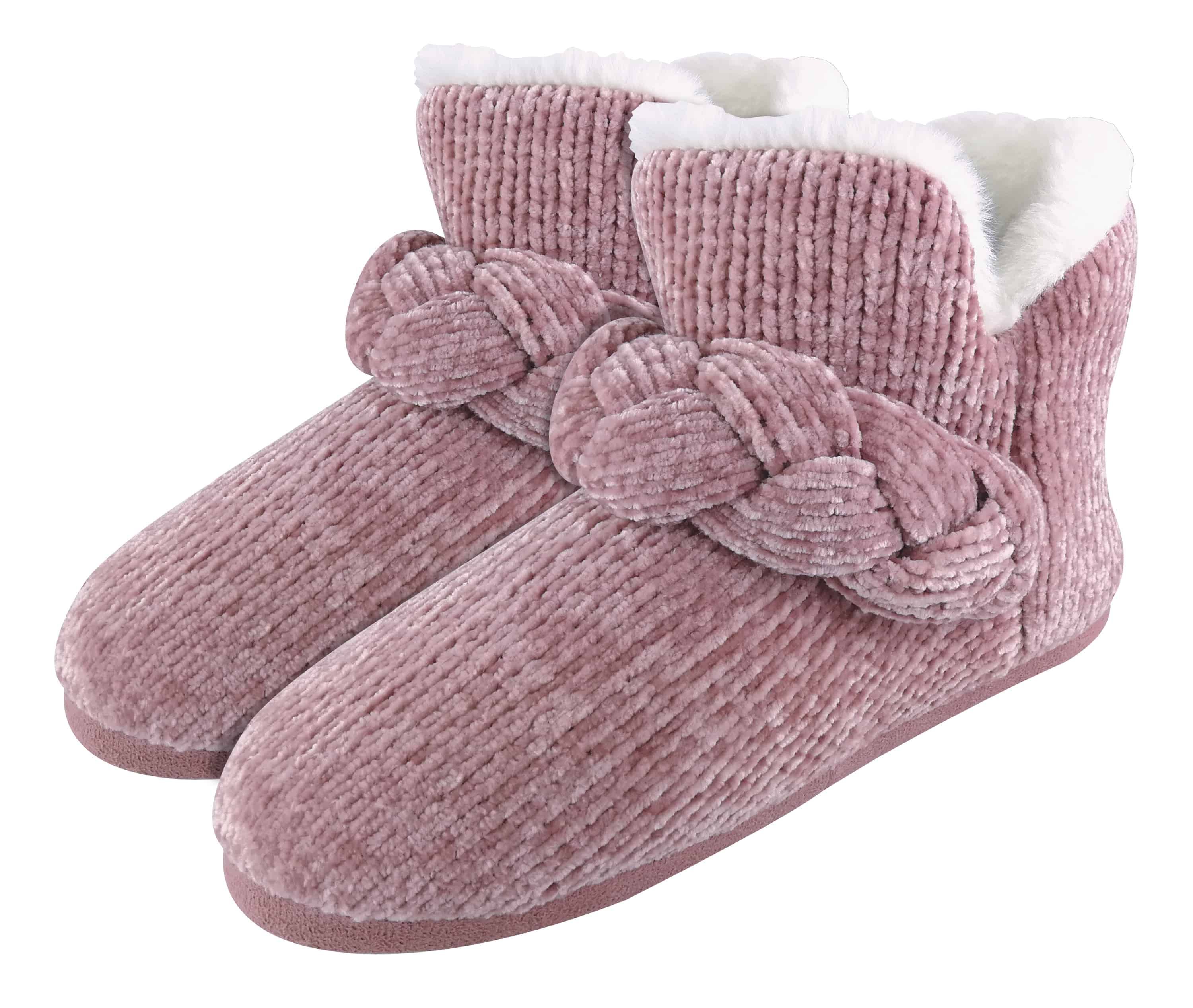Ladies Knitted Warm Fleece Plush Slippers/Slipper Boots/Booties in Grey Fairisle and Pink Cord Styles Dunlop