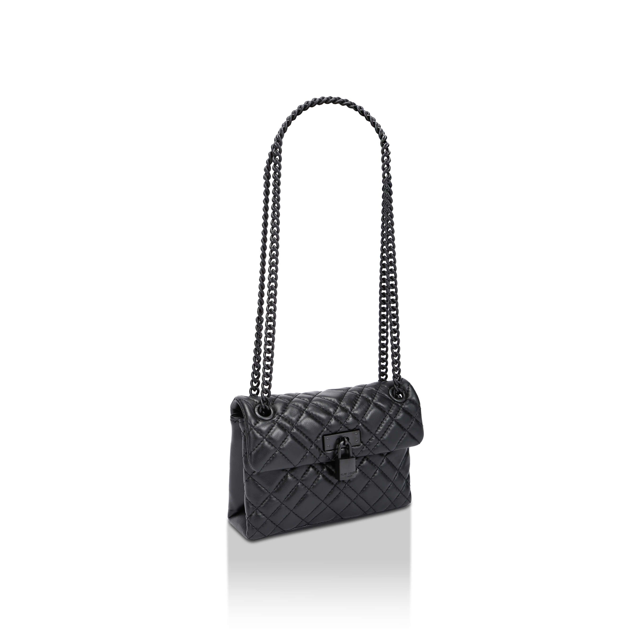 The KGL Mini Brixton Lock Bag is crafted in a black leather with overstitch quilting. The black metal branded padlock sits on the flap. 14cm (H), 20cm (L), 6cm (D). Strap drop cross body: 120cm. Strap drop shoulder: 70cm.