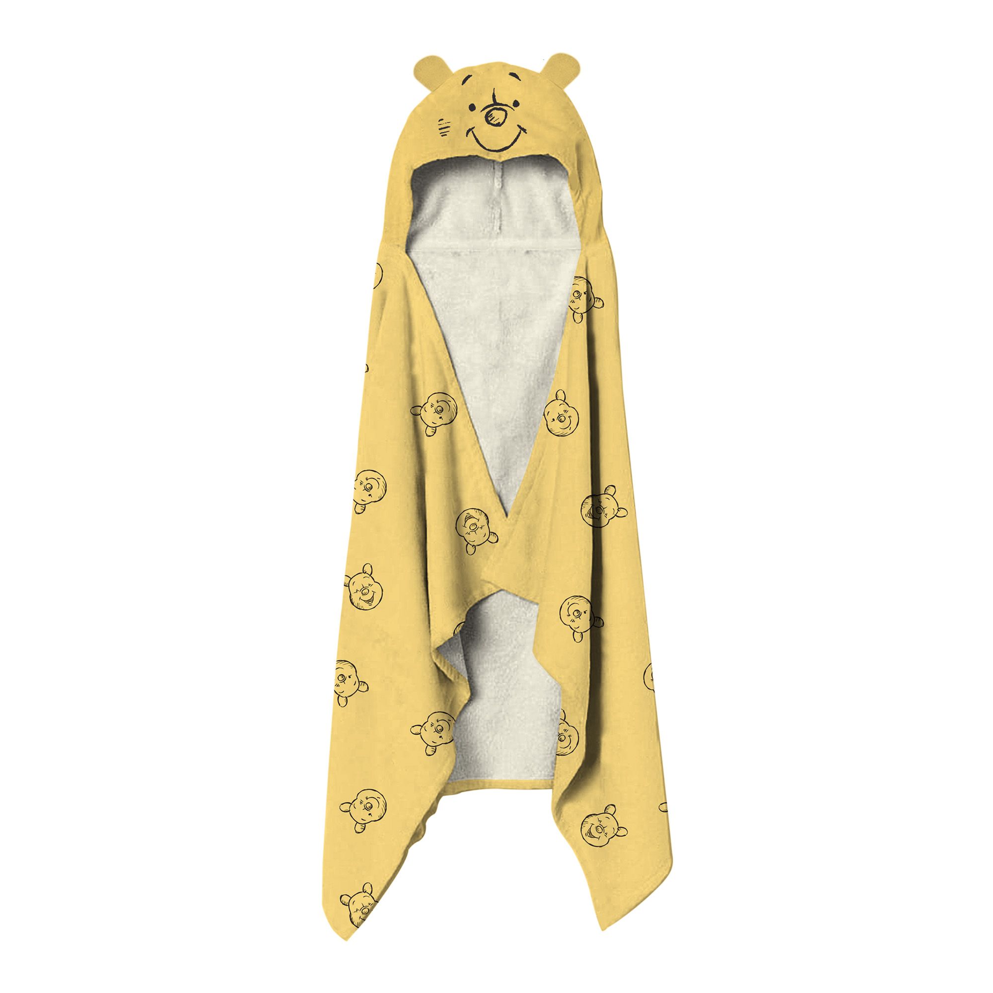 Have your little one excited for bathtime with this favourite Disney winnie the Pooh Hooded poncho towel. Crafted in soft and breathable 100% cotton, this yellow bath towel comes with a hood sporting Pooh's face while the towel flaunts rotary prints of Pooh's face overall on yellow. This towel measures 70 x 130 cm drapes warmly around them, after their bath. This is great towels for bath which definitely enhances your child's bath experience and makes it easier for you to cuddle your little one with love. 

 This is an official Disney Winnie the Pooh merchandise, you can now pair it up with matching Duvet cover set, Blankets, Fitted cot sheets and sleeping bags from the same collection.