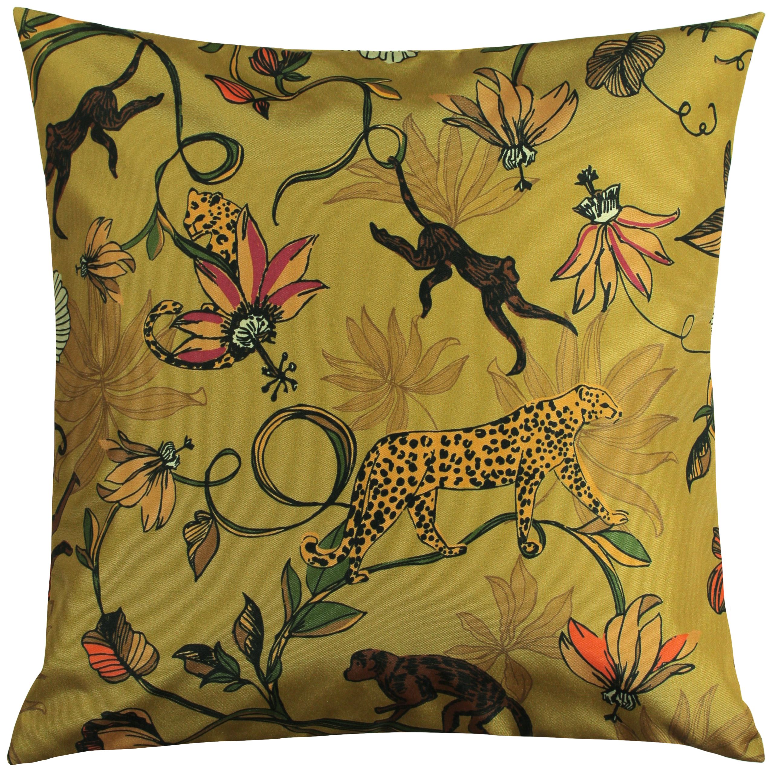 Add drama to your garden with a striking botanical themed cushion. This cushion captures a variety of tropical leaves and flowers in their bright and rich colours. With the main focal point being poised leopards and monkeys, this cushion is a beautiful addition to any outdoor space.