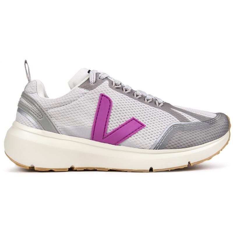 Women's Grey Veja Condo 2 Alveomesh Vegan Lace-up Trainers With Breathable Mesh Upper Featuring Iconic V Logo In Fuchsia Rubber, Tonal Loop Eyelets, And Black Printed Logo On The Tongue. These Brazilian Made Ladies' Premium Sneakers Have Reflective Silver Accents, An Organic Cotton Lining And Padded Footbed, And Cream Rubber Sole With Tan Tread.