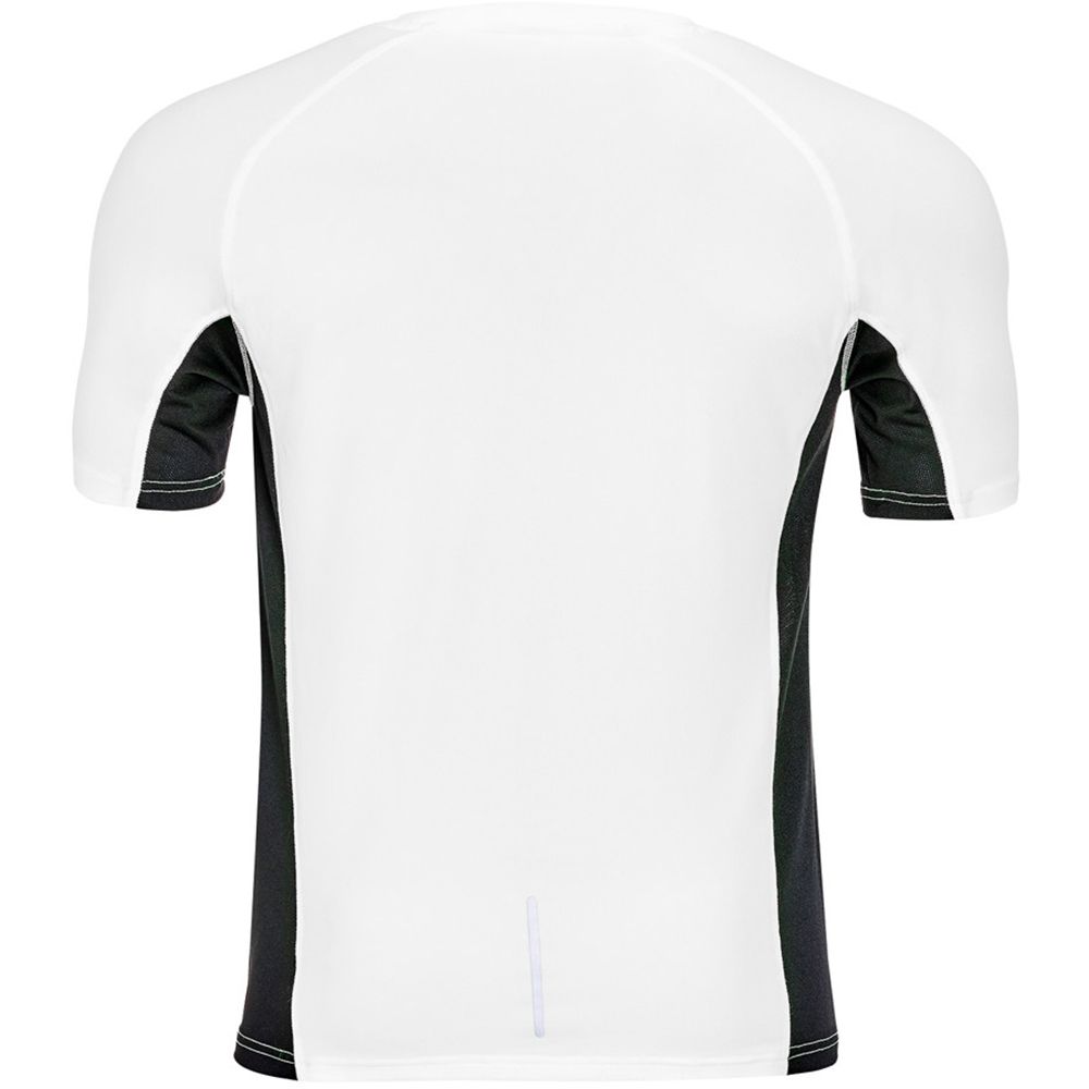 Mens running t-shirt. Self fabric collar. Taped neck. Raglan sleeves. Reflective detail on raglan seams. Contrast mesh side panels. Flatlock seams. Twin needle hem.Fabric: 92% Polyester/8% Elastane. Size: S: 36-38in, M: 38-40in, L: 41-42in, XL: 43-44in, XXL: 45-47in, 3XL: 47-49in.