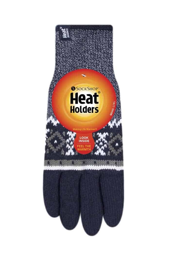 Heat Holders Mens Knitting Patterns Gloves  These mens Heat Holders knitted thermal Gloves will have you well and truly covered when using them for casual wear, they are super warm as well as stylish. They are lined with a fabulous extra warm fur-like plush insulating lining, called Heatweaver, that is even more effective at holding warm air close to the skin.  This silky, soft fleece lining doesn't just feel luxuriously plush and cuddly, it also assures you of cosy fingers in the harsh winter. The Gloves come in 3 different fashion styles with 10 colour options to choose between all of them. Patterns to choose between include striped Gloves, nordic Gloves and fair isle pattern Gloves, making them suitable for any outfit choice. They also have an elasticated wrist, to keep the warm air trapped inside the glove.  These Gloves are available in 3 patterns, and 10 different colour options across the all. They also come in two sizes, small / medium and large / extra large, to ensure you have the best fit. If you are looking for a Christmas gift then consider these stylish looking Gloves, there could be snow on Christmas day and a friend or family member would really appreciate it! Its a great Christmas gift for your dad, brother, uncle or your grandad. Buy with amazon prime to potentially get free next day delivery.  Product Details  - 1 pair - 2 sizes - 2 patterns / 5 colours - Heatweaver lining - Heat Holders Yarn - Elasticated Wrist - Lining: 100% Polyester  Material Composition (Outer)  Karlstad - 77% Acrylic, 22% Polyester, 1% Elastane Bergen - Black - 80% Acrylic, 13% Polyester, 1% Elastane Bergen - Navy - 97% Acrylic, 2% Polyester, 1% Elastane Bergen - Charcoal - 56% Acrylic, 43% Polyester, 1% Elastane Thames - 77% Acrylic, 22% Polyester, 1% Elastane