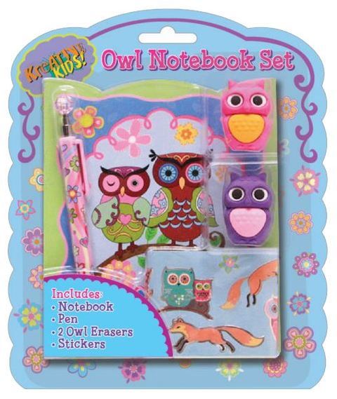 Owl Notebook With Erasers & Pen is a great idea for a gift.  This gift contains:  1 notebook, 1 pen, 2 owl erasers and stickers.  Not suitable for children under 3 years old.
