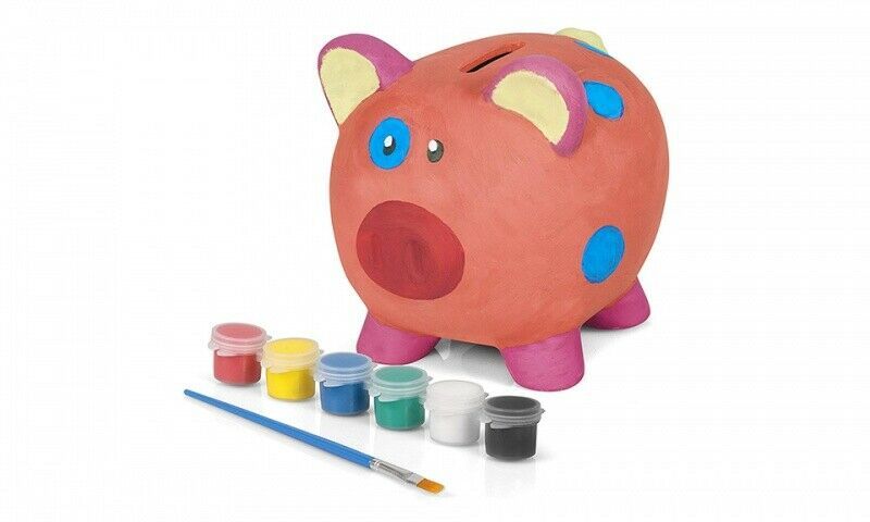 Tobar Paint Your Own Ceramic Piggy Bank/Money Box.  Make saving more interesting with this adorable piggy bank, which comes with a brush and paints to create unique and colourful designs. The perfect retro gift for any youngsters who like to get creative. The bank itself is a generous size, with the classic design of a slot in the top and a removable stopper in the bottom. It makes a fantastic addition to any craft or gift collection.

Features :

    Everything you need to paint the perfect piggy.
    Set includes an unpainted ceramic piggy bank, brush and six paints
    Little ones can create unique designs
    Comes with instructions and painting tips
    Paint colours include red, yellow, blue, green, white and black.
    Suitable for ages over 5 years.

Specifications :

    Product Dimensions : 14.5x13x11cm
    Brand : Tobar
    Material : Ceramic
    Package Includes : 1x Tobar Paint Your Own Piggy Bank