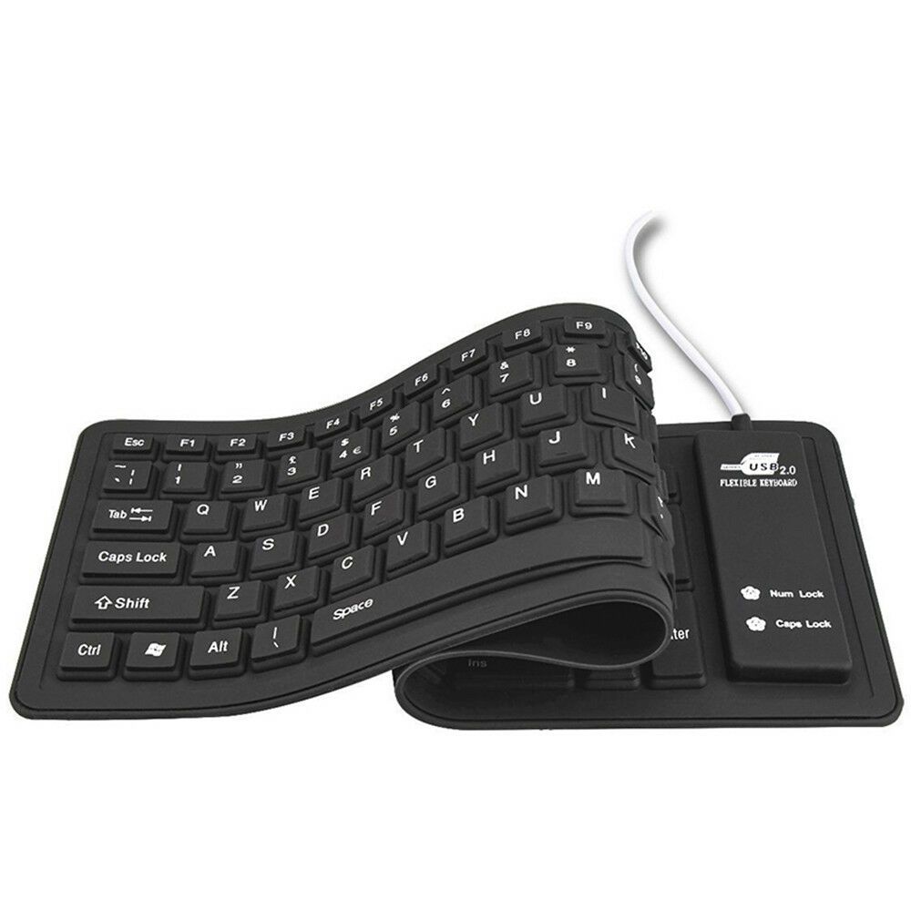 Flexible Mini Portable Roll Up Soft Silicon Keyboard Waterproof  - Black

This flexible roll-up keyboard is soft, foldable, silent, waterproof, dust-proof, lightweight, portable and easy to store. This keyboard accords with your usage habits, Compatible with all Computer, Notebook, Laptop [Windows 2000/XP/Vista/7/8/10, Mac OS.  It is made of high intensity and high elasticity silicone gel, non-toxic and odourless. The soft keys give you unprecedented typing feeling, which is easy to get used. The soft silicone allows you to fold it or roll up freely, super convenient for bringing anywhere.  No additional keyboard cover skin required, food crumbs or dust can be easily cleaned thoroughly. Easily clean the silicone keyboard with water. (Not including usb line and circuit board.)  The soft material allows discreet silent typing experience. No typing sound design makes you have a quiet working environment and avoids disturbing others. At night, your family can have a good sleep and you can keep working.  

Key Features:

    Portable, Durable and Comfortable  
    Ultra slim and compact, this keyboard is perfect for travel, school, or any working environment. Quiet keystroke is a good match for library use.  
    Convenient for taking along after rolled up. Easy for operation and storage. This multimedia flexible keyboard makes your web surfing a breeze.  
    Unique design and production process provide amazing usage experience, keys are quiet, stable, soft, and responsive, can be used in silent environment without disturbing other people.  
    Plug and play, no driver required, compatible with all computer, notebook, laptop (Windows XP, 2000, Vista, 7, 8, 10, Mac OS) . Meanwhile support OTG function for Android phones. 

To protect the keyboard and extend service life, pls use the product properly and follow the tips below 

    This product cannot be contacted with oil or organic impregnate like actone. 
    Do not place heavy objects on in a long time; It cannot be pressed when it was rolled. 
    Do not pull or twist it, suggest rolling up the keyboard instead of folding hard when in need. 

Specification :

    Power Supply: USB Interface 
    Size: 40.5 x 12.5CM 
    USB wire length: 1.5M 
    Keyboard Button: 103 Keys