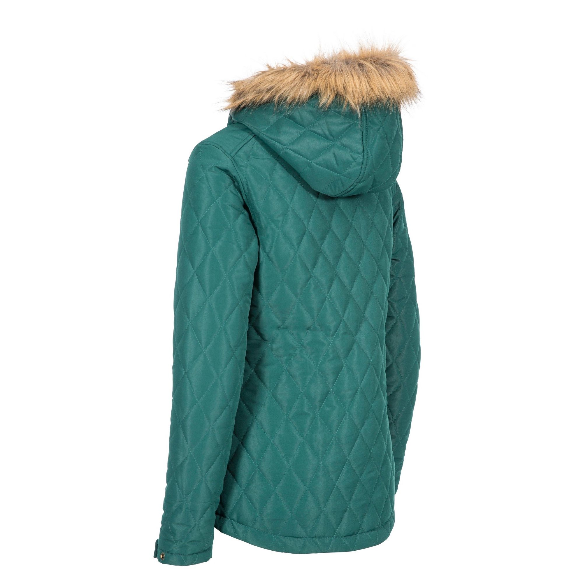 Padded. Diamond shaped quilting. 2 stud fastening waist pockets. Grown on hood with fur trim. Adjustable stud cuff. Inner storm flap. Shell: 100% Polyester, Lining: 100% Polyester, Filling: 100% Polyester. Trespass Womens Chest Sizing (approx): XS/8 - 32in/81cm, S/10 - 34in/86cm, M/12 - 36in/91.4cm, L/14 - 38in/96.5cm, XL/16 - 40in/101.5cm, XXL/18 - 42in/106.5cm.
