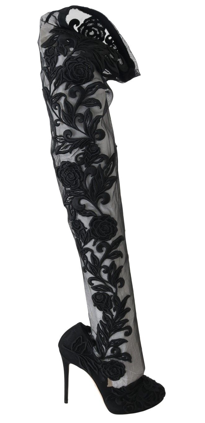 Dolce & Gabbana Black Floral Embroidered Socks Boots