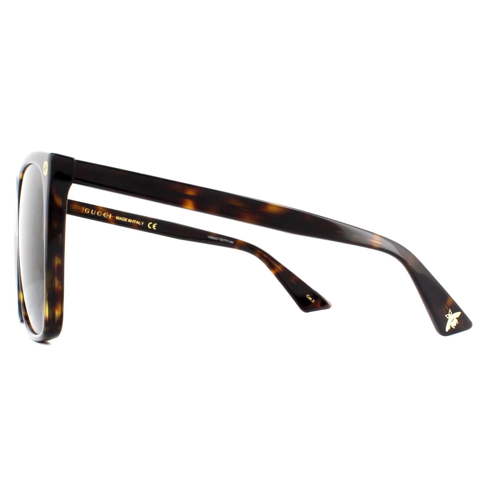 Gucci Sunglasses GG0022S 003 Havana Grey Gradient have a simple squared off shape with the stylish GG logos at the front temples and a bee detail on the temple tip.