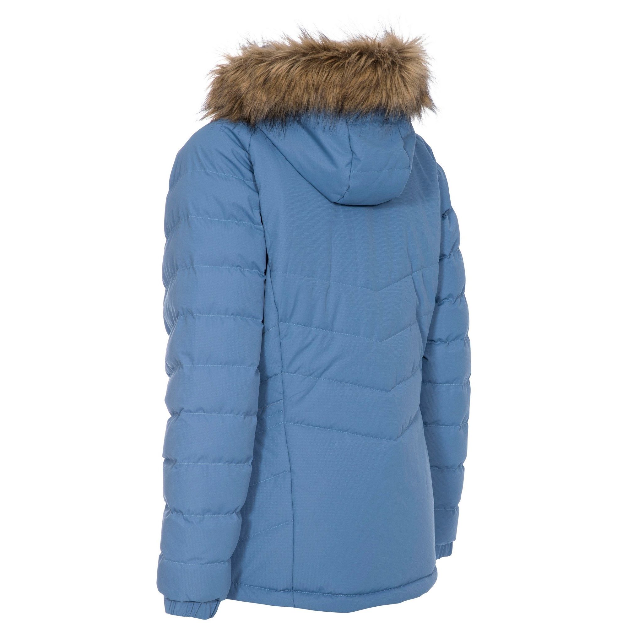 Padded. Contrast lining and CF zip. Adjustable zip off hood with fur trim. Elasticated cuff. 2 concealed zip pockets. Inner storm flap. Drawcord hem. Waterproof 2000mm, windproof. Shell: 100% Polyester, TPU membrane, Lining: 100% Polyester, Filling: 100% Polyester. Trespass Womens Chest Sizing (approx): XS/8 - 32in/81cm, S/10 - 34in/86cm, M/12 - 36in/91.4cm, L/14 - 38in/96.5cm, XL/16 - 40in/101.5cm, XXL/18 - 42in/106.5cm.