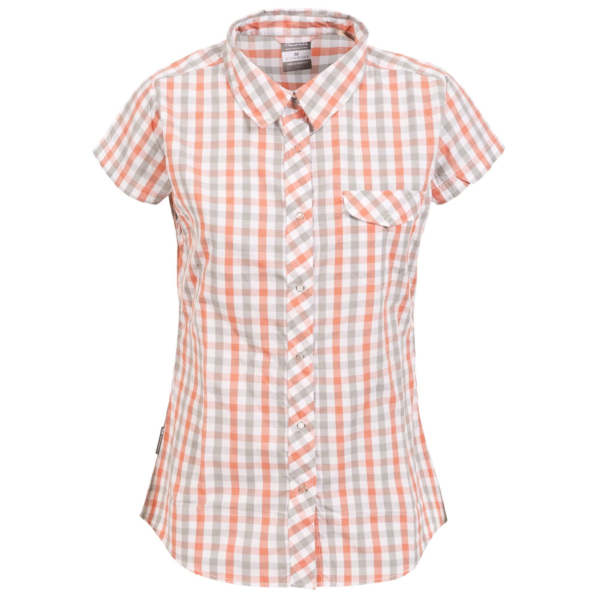 Yarn dyed check. Short sleeve. 2 piece collar. Chest pocket. Ring stud fastening. 65% Cotton, 35% Polyester. Trespass Womens Chest Sizing (approx): XS/8 - 32in/81cm, S/10 - 34in/86cm, M/12 - 36in/91.4cm, L/14 - 38in/96.5cm, XL/16 - 40in/101.5cm, XXL/18 - 42in/106.5cm.
