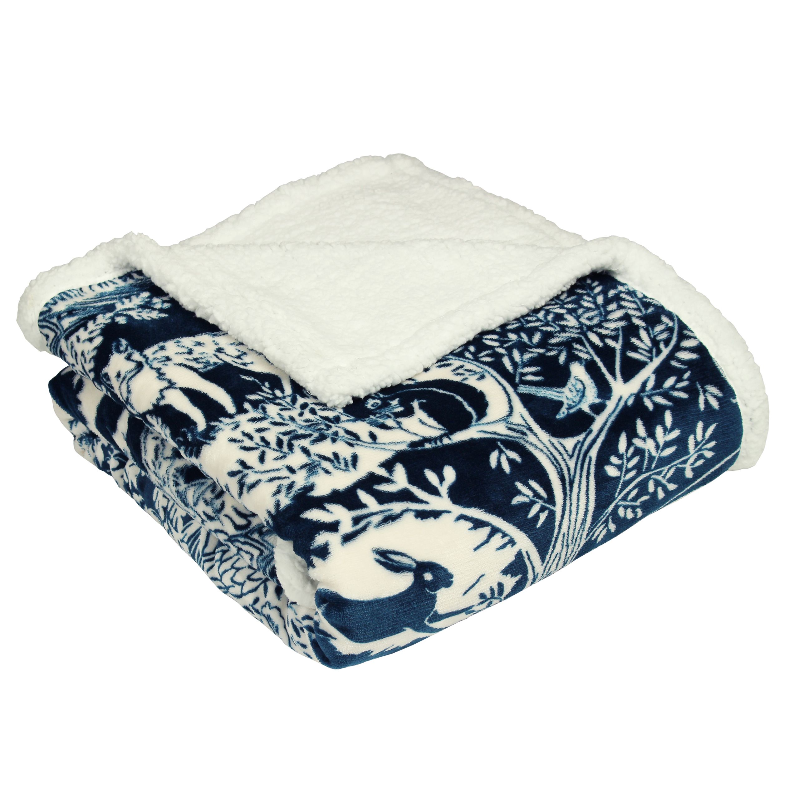 Invite nature into your home with winter woods throw. The design features a stunning woodblock inspired print with plenty of woodland animals and trees. Created with luxurious 230gsm microfleece for a super soft front that emanates an opulent sheen. With a 230gsm sherpa reverse in a optic white you'll be keeping toasty warm all night long.