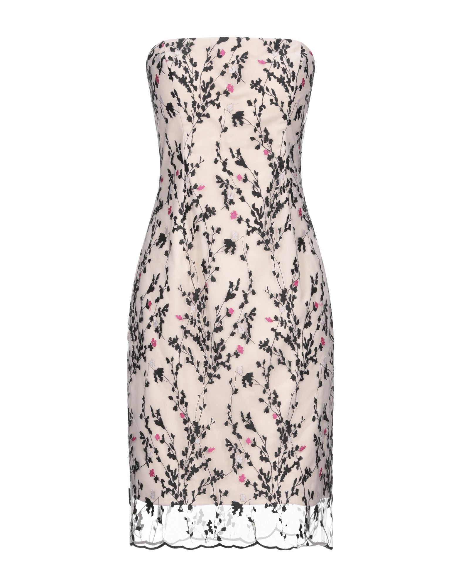 tulle, embroidered detailing, floral design, deep neckline, sleeveless, no pockets, rear closure, hook-and-bar, zip, fully lined